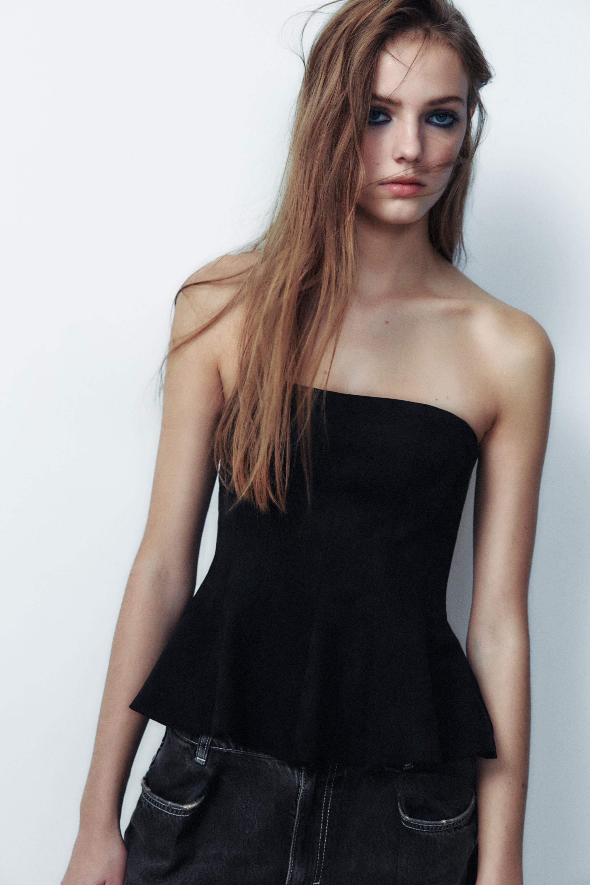 Faux Suede Strapless Peplum Top