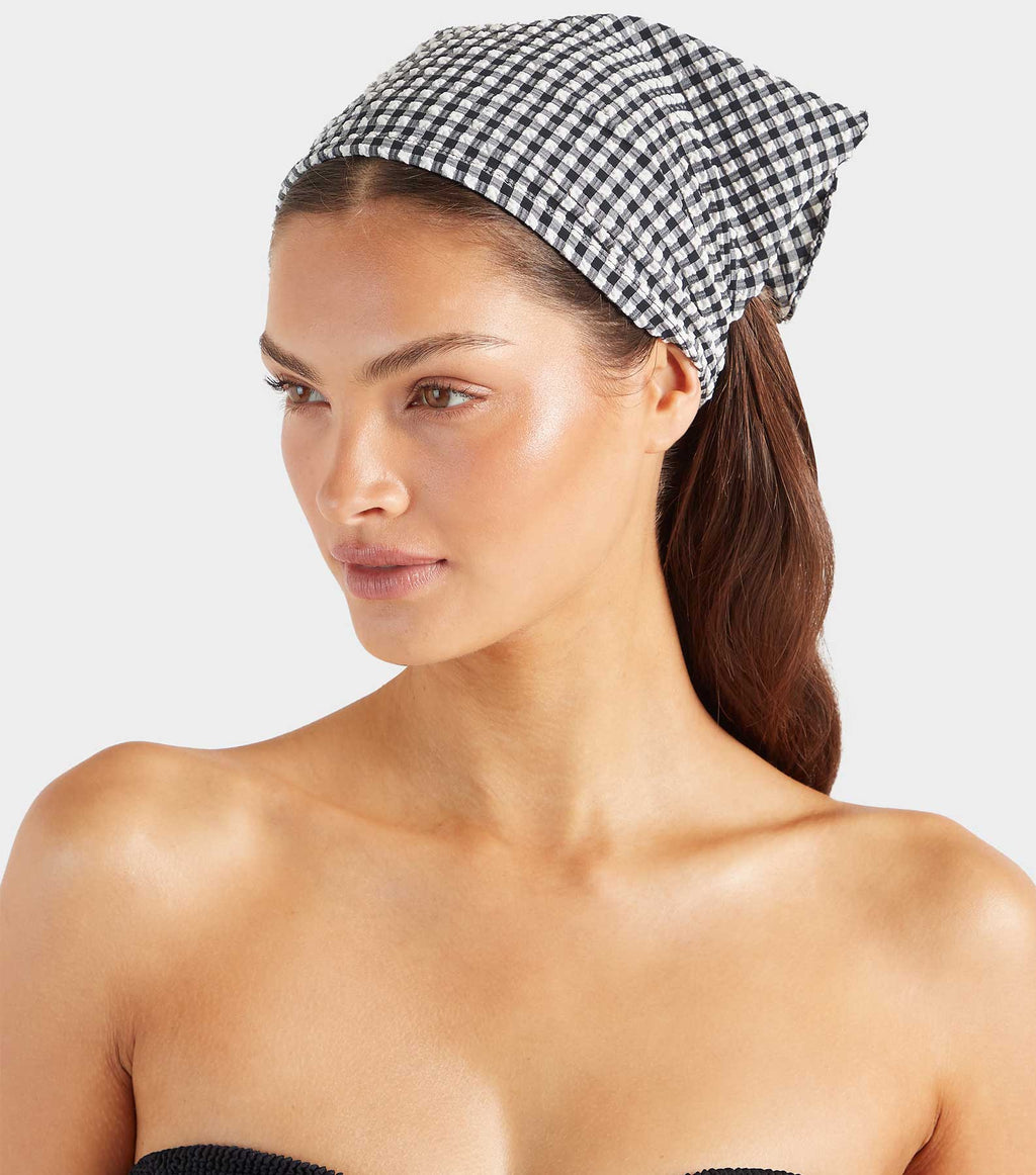 Sofia Gingham Seersucker Headscarf - Black Gingham