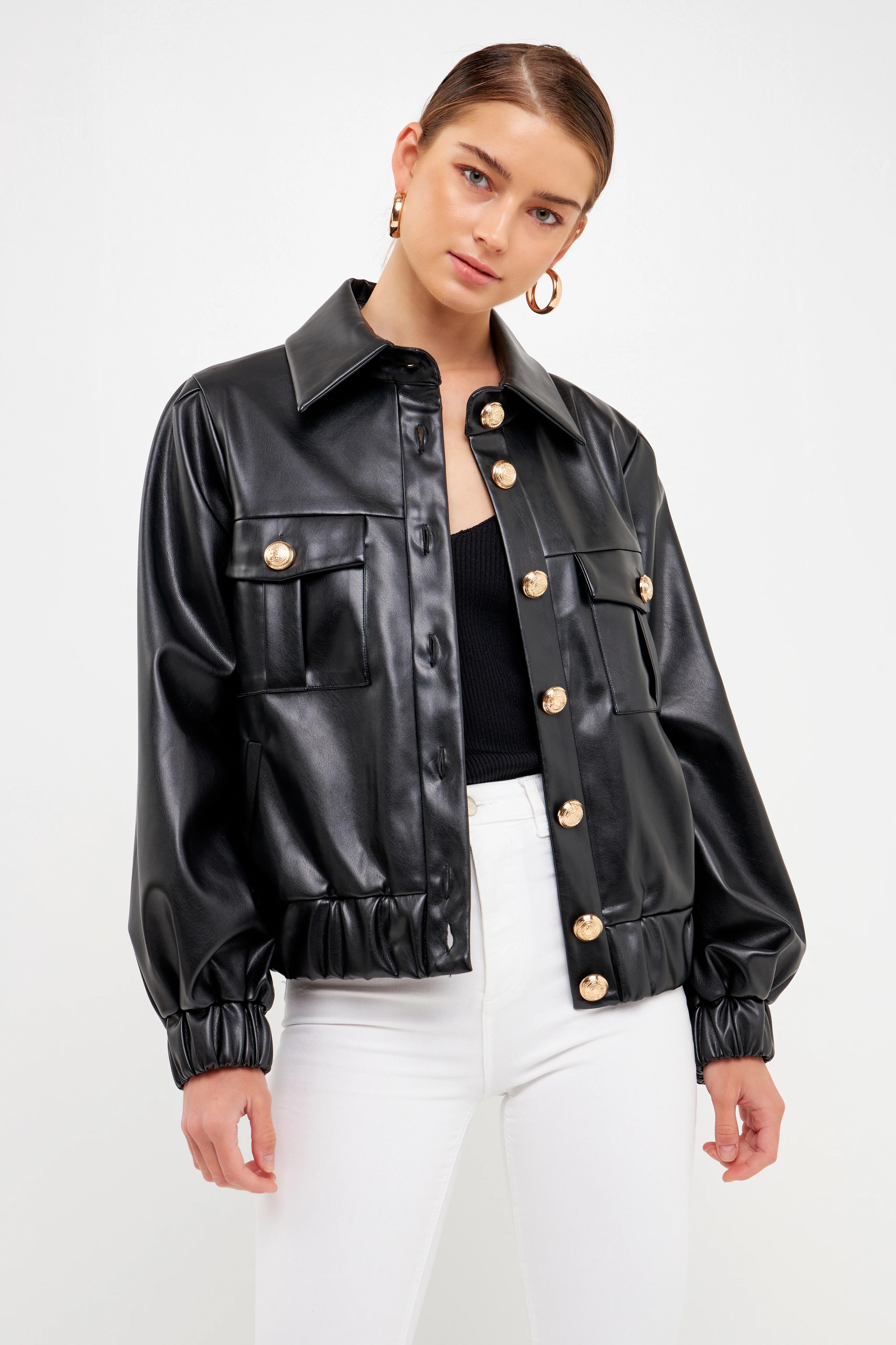Faux Leather Jacket With Gold Buttons