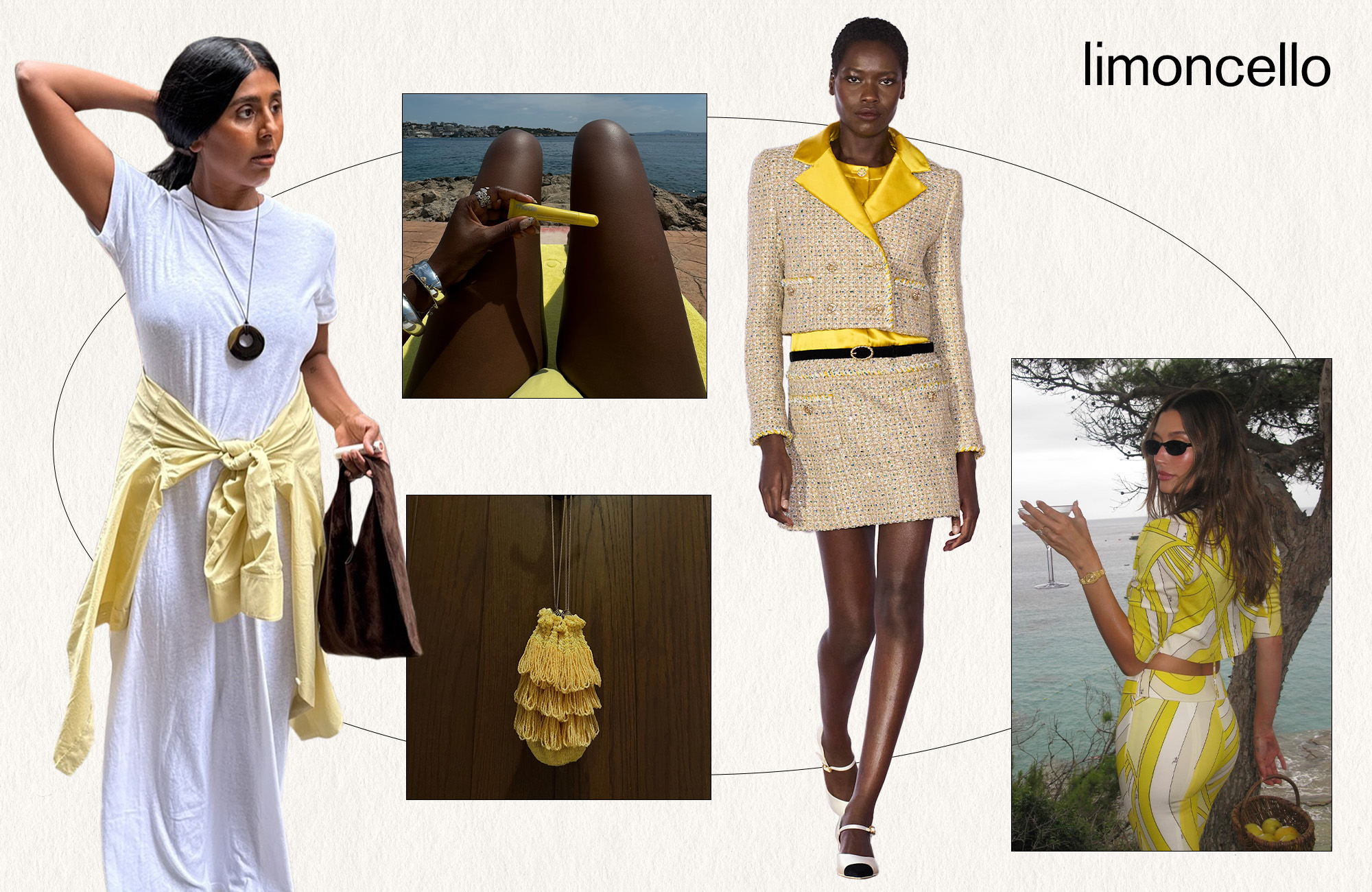 A collage featuring various runway and street style photos of women wearing the limoncello yellow summer 2025 fashion trend.