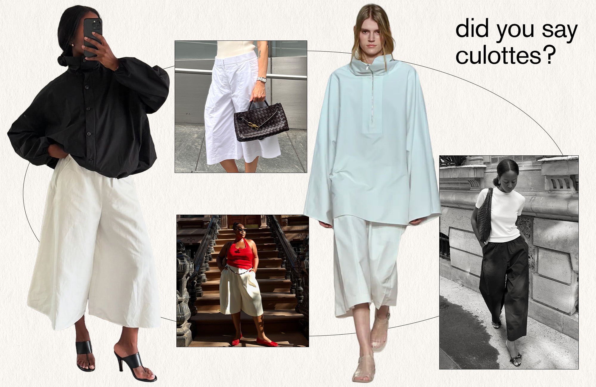 A collage featuring various runway and street style photos of women wearing the culottes summer 2025 fashion trend.