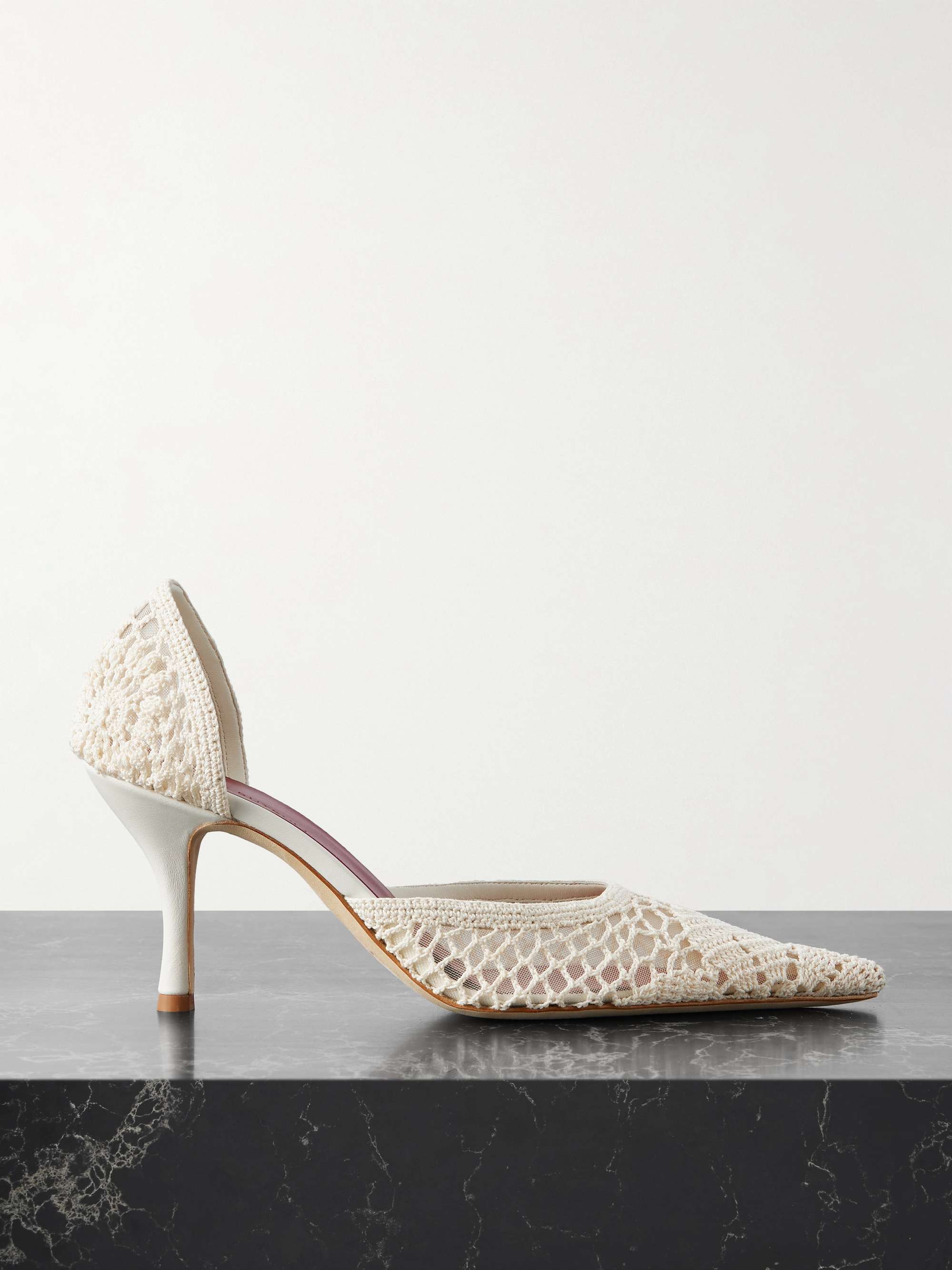 Leather-Trimmed Crocheted Mesh Pumps