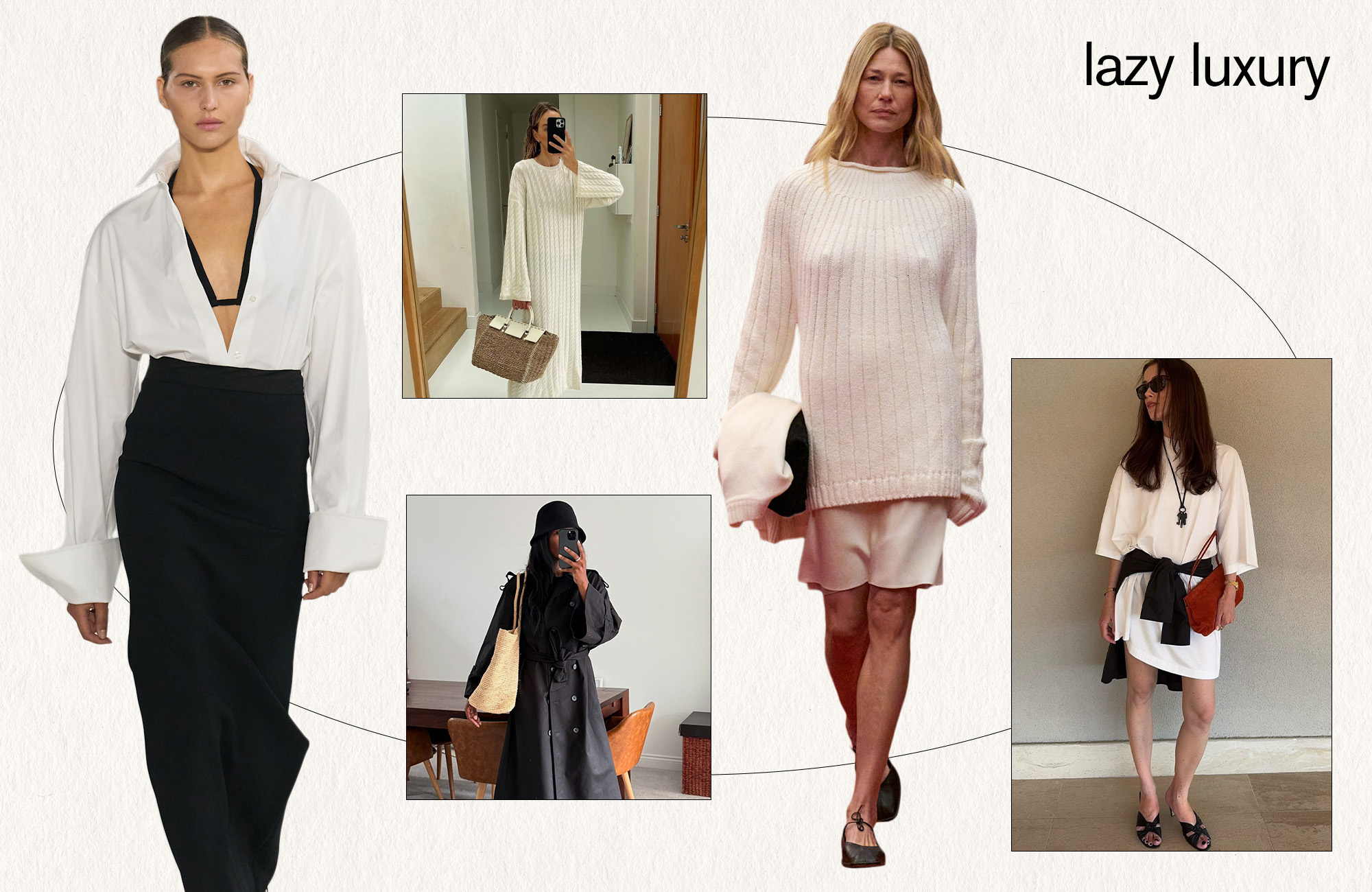 A collage featuring various runway and street style photos of women wearing the lazy luxury summer 2025 fashion trend.