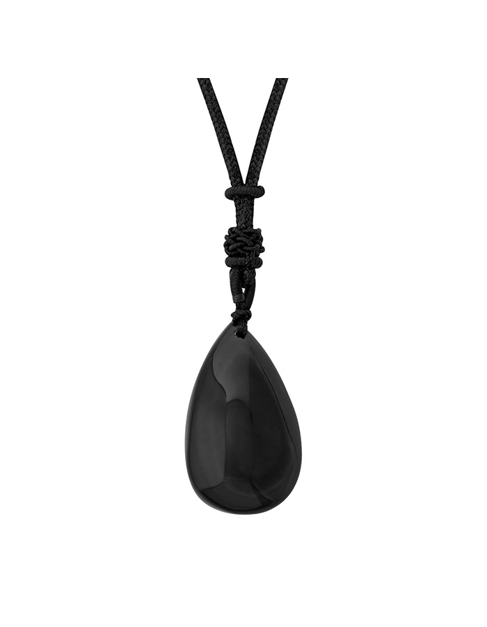 Minachi Black Obsidian Teardrop Pendant Necklace With Braided Cord, Fashion Statement Jewelry Gift for Men and Women