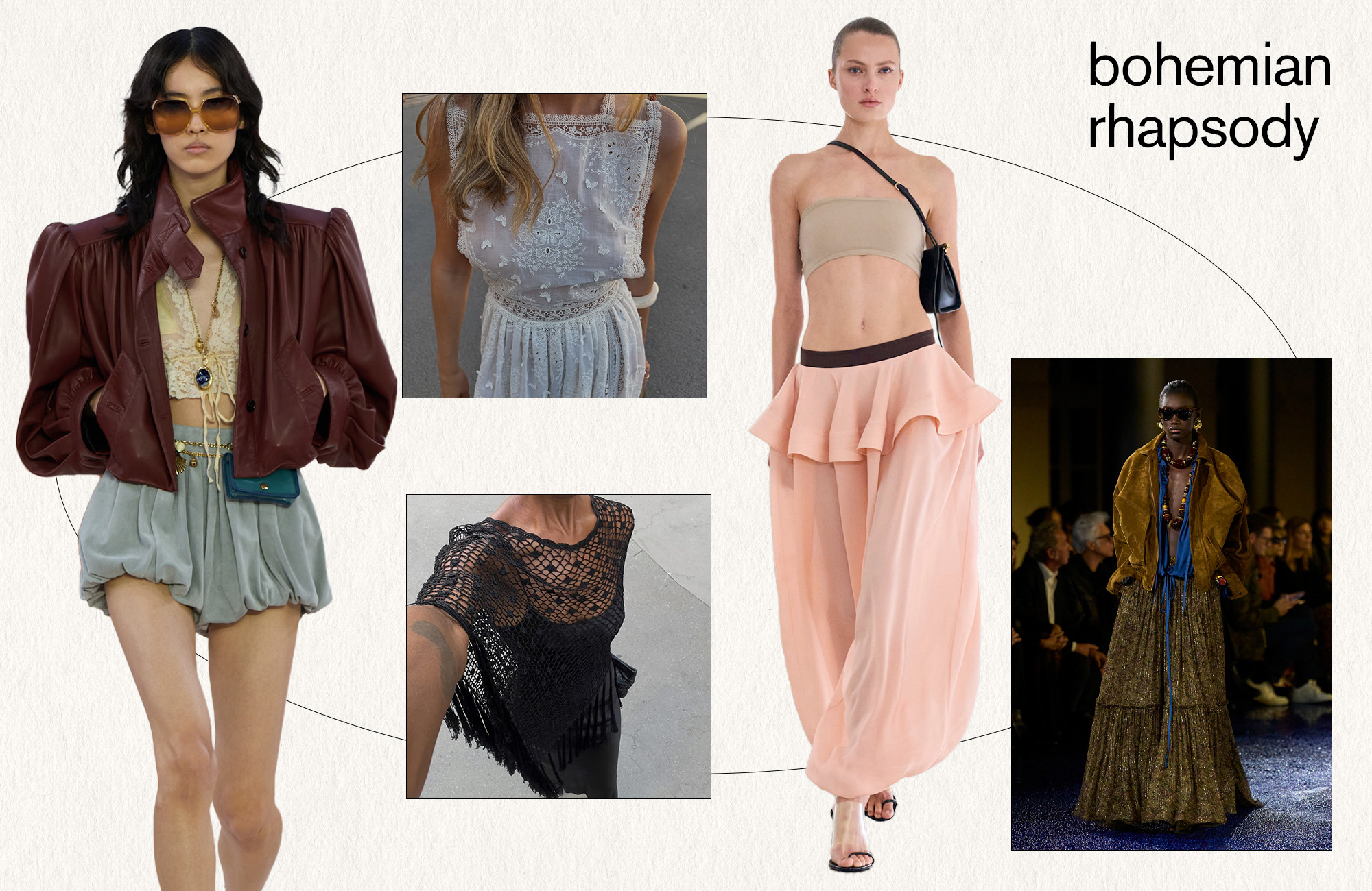 A collage featuring various runway and street style photos of women wearing the boho summer 2025 fashion trend.