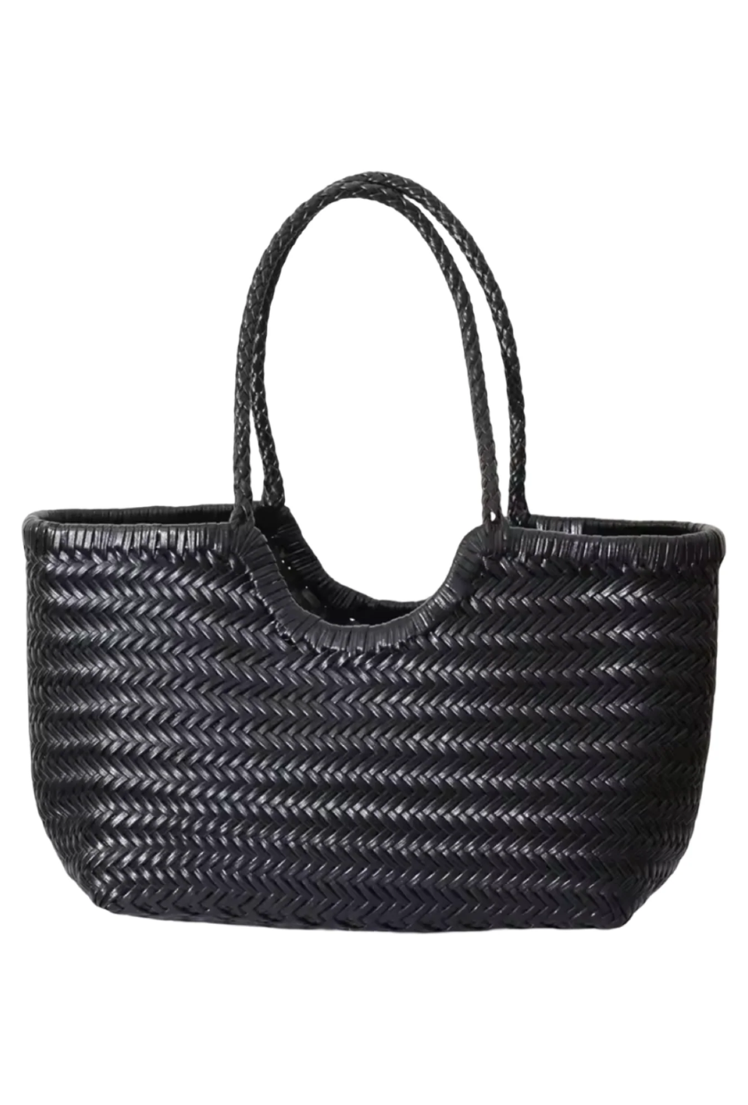 An image of a woven leather bag, one of the biggest summer accessory trends, from Second Stories.