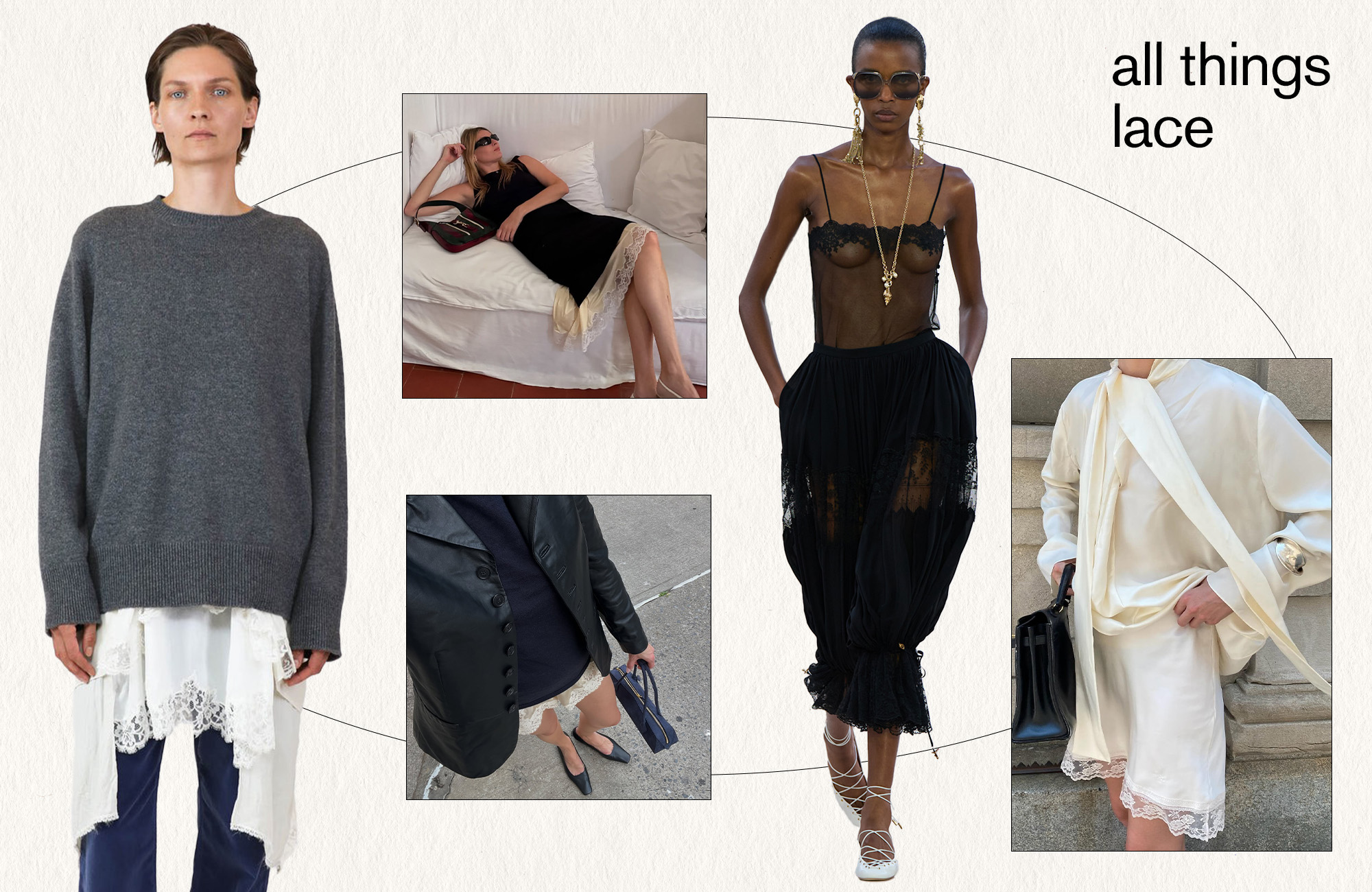 A collage featuring various runway and street style photos of women wearing the lace summer 2025 fashion trend.