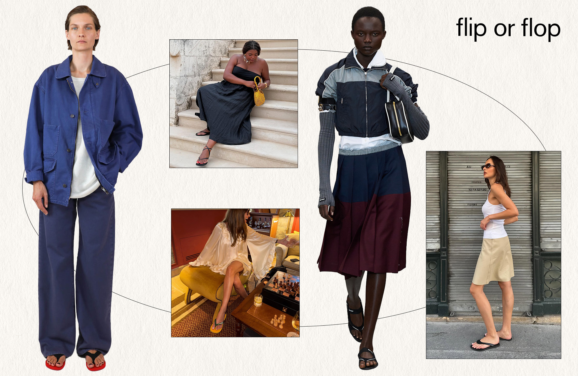 A collage featuring various runway and street style photos of women wearing the flip flop summer 2025 fashion trend.