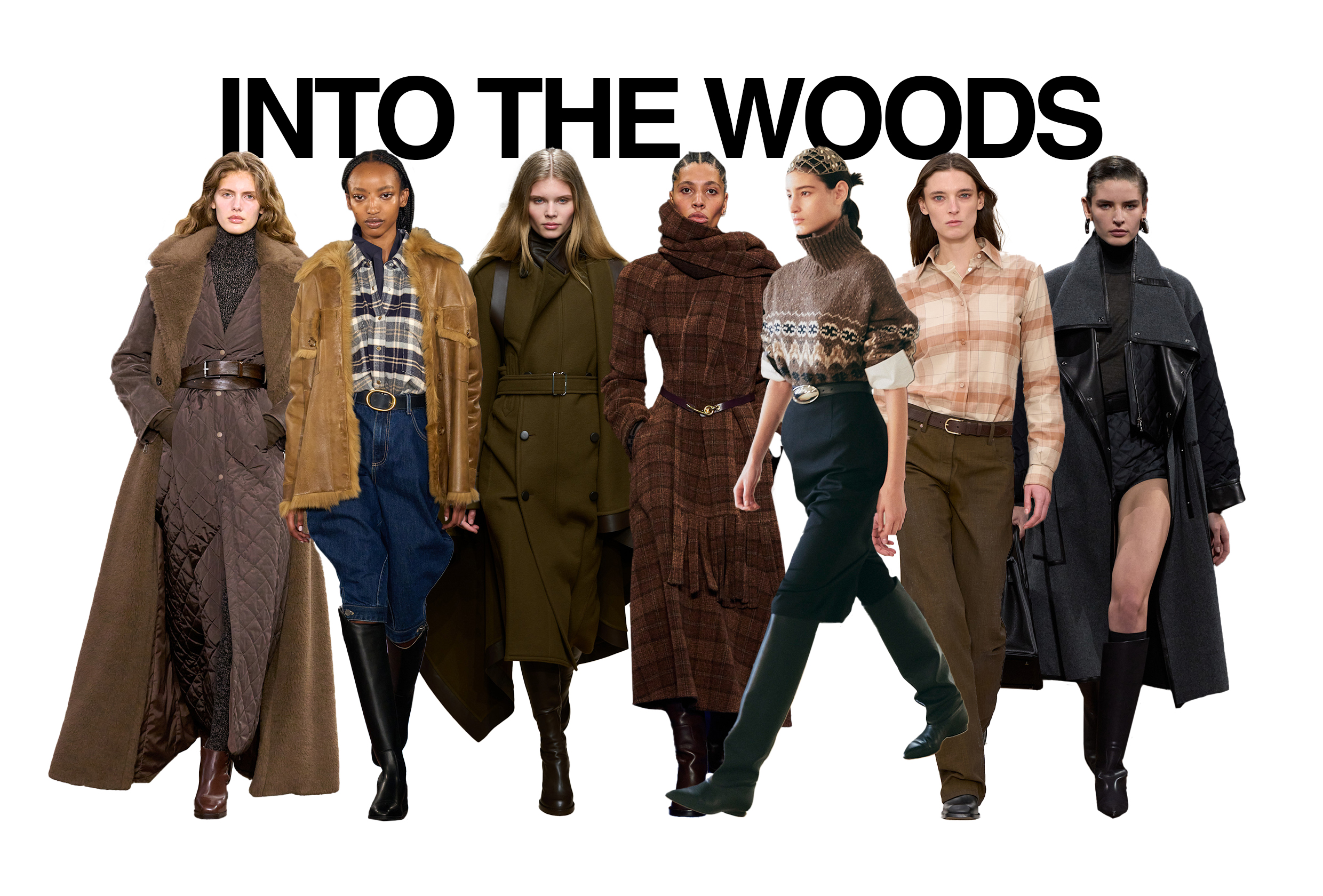 A collage of F/W 25 runway looks by Max Mara, TWP, Tod's, Burberry, Altuzarra, Calvin Klein, and Hermès with the title "Into the Woods" in black block letters in the top center.