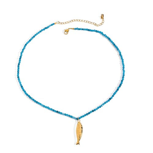 Murna Kare Boho Fish Necklace for Women - Blue Crystal Chain Sardine Pendant Necklaces, Bohemian Beach Jewelry | Waterproof Summer Jewelry for Swimwear & Vacation