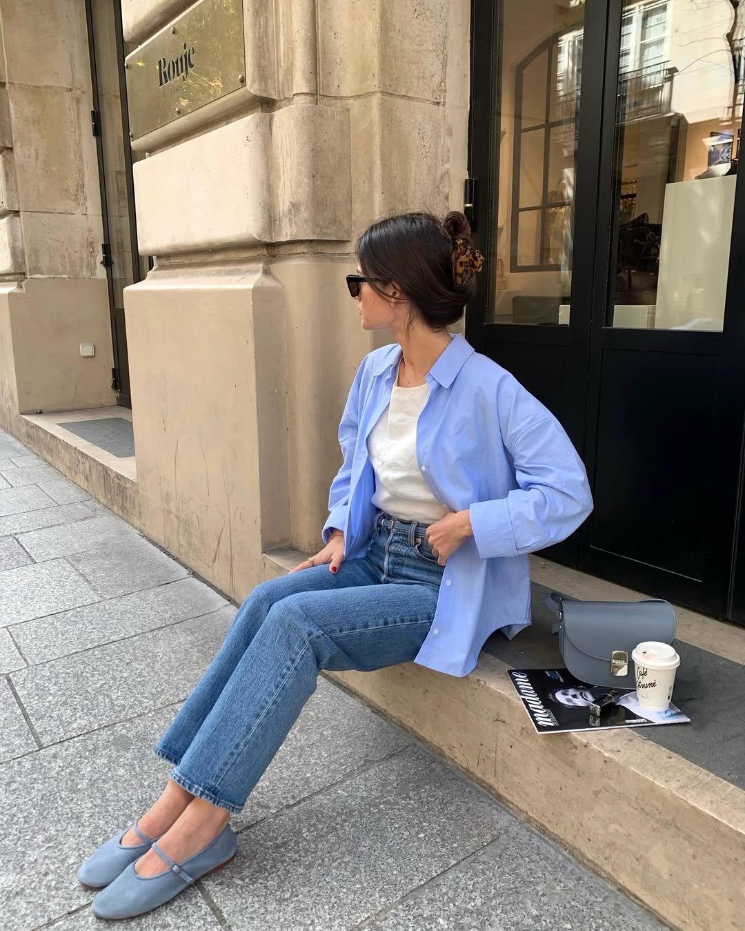 French fashion influencer in blue shirt and Mary Janes