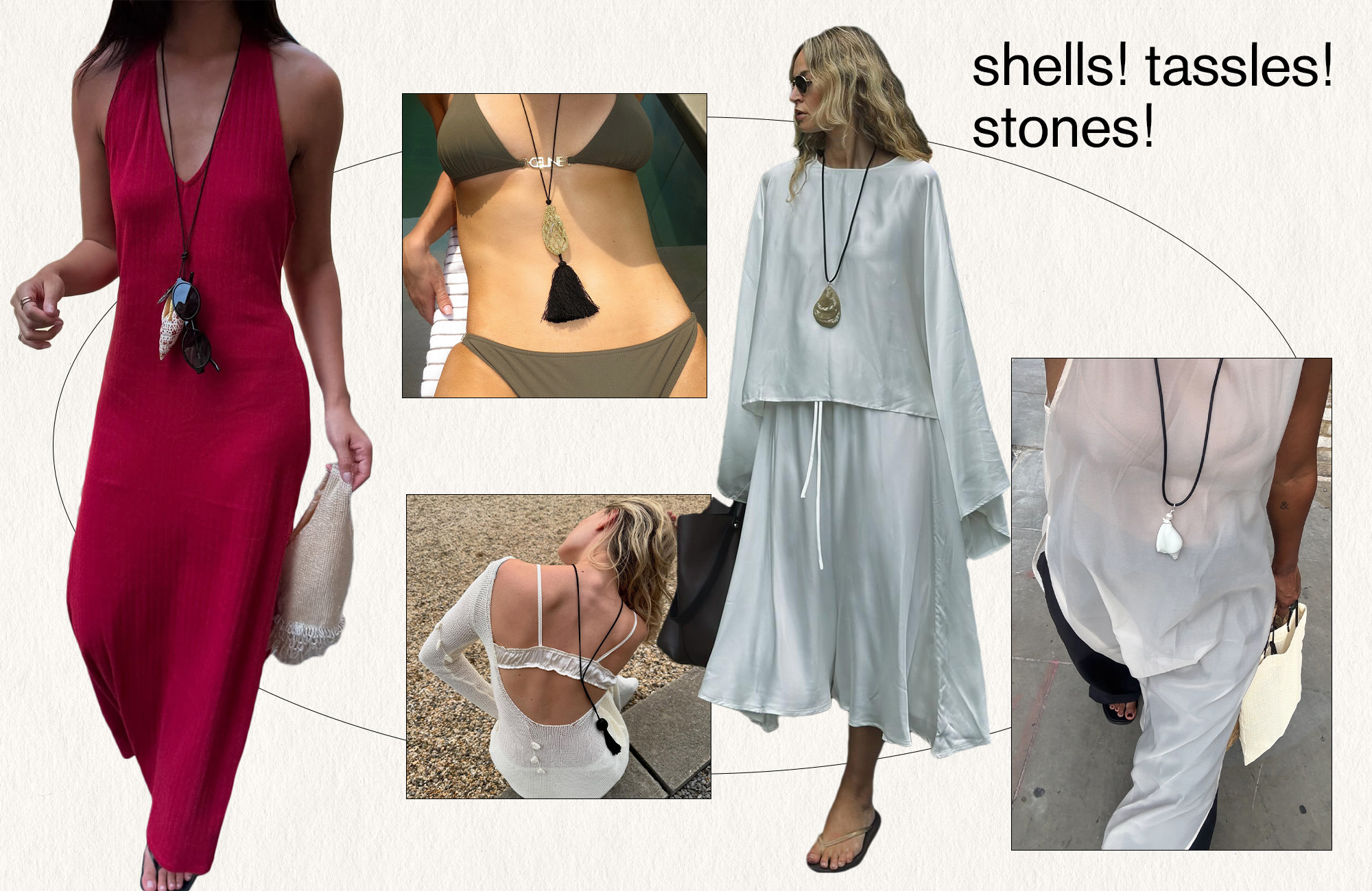 A collage featuring various runway and street style photos of women wearing the long pendant necklace summer 2025 fashion trend.