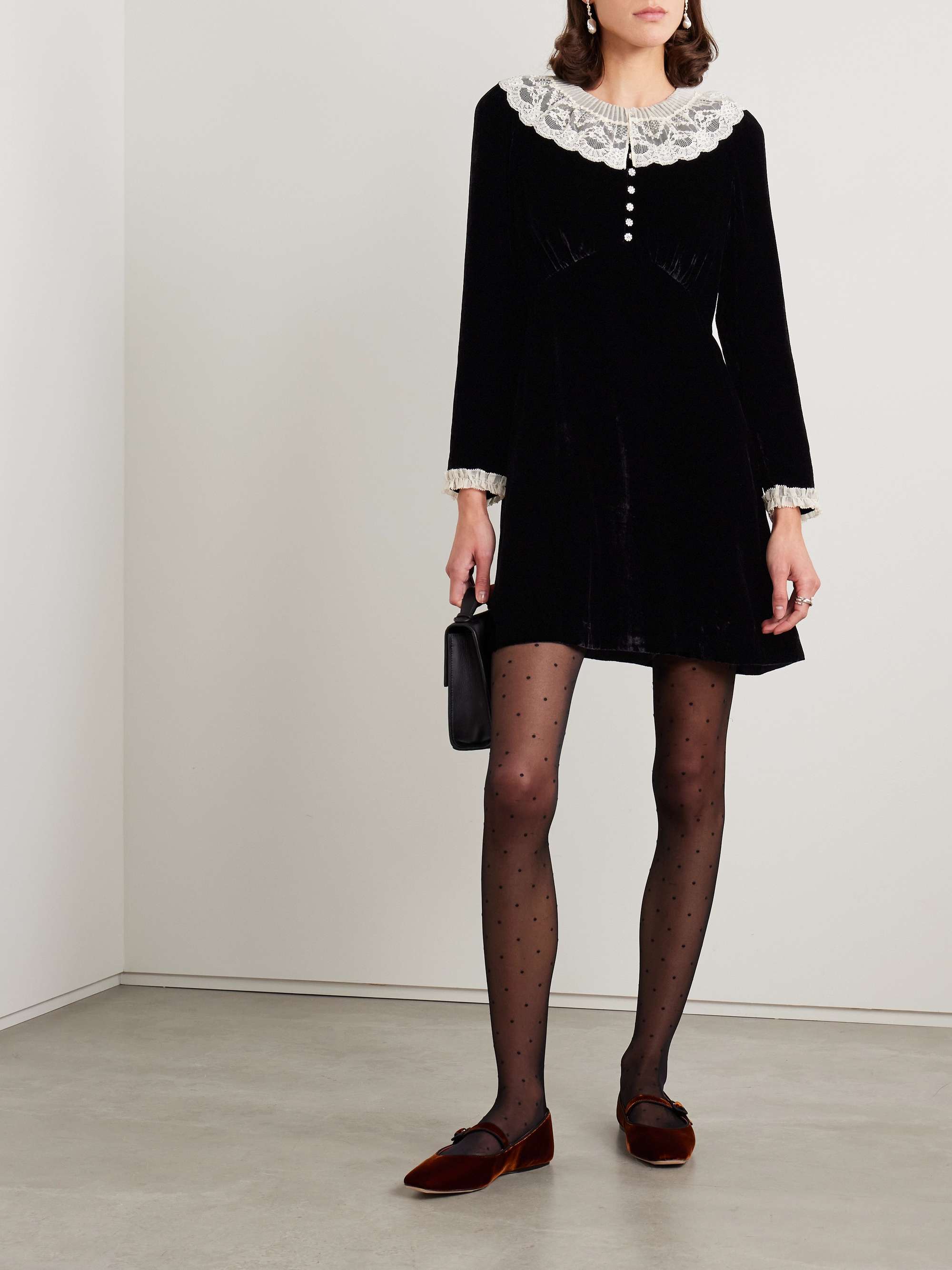 Lisbeth Lace-Trimmed Embellished Velvet Mini Dress