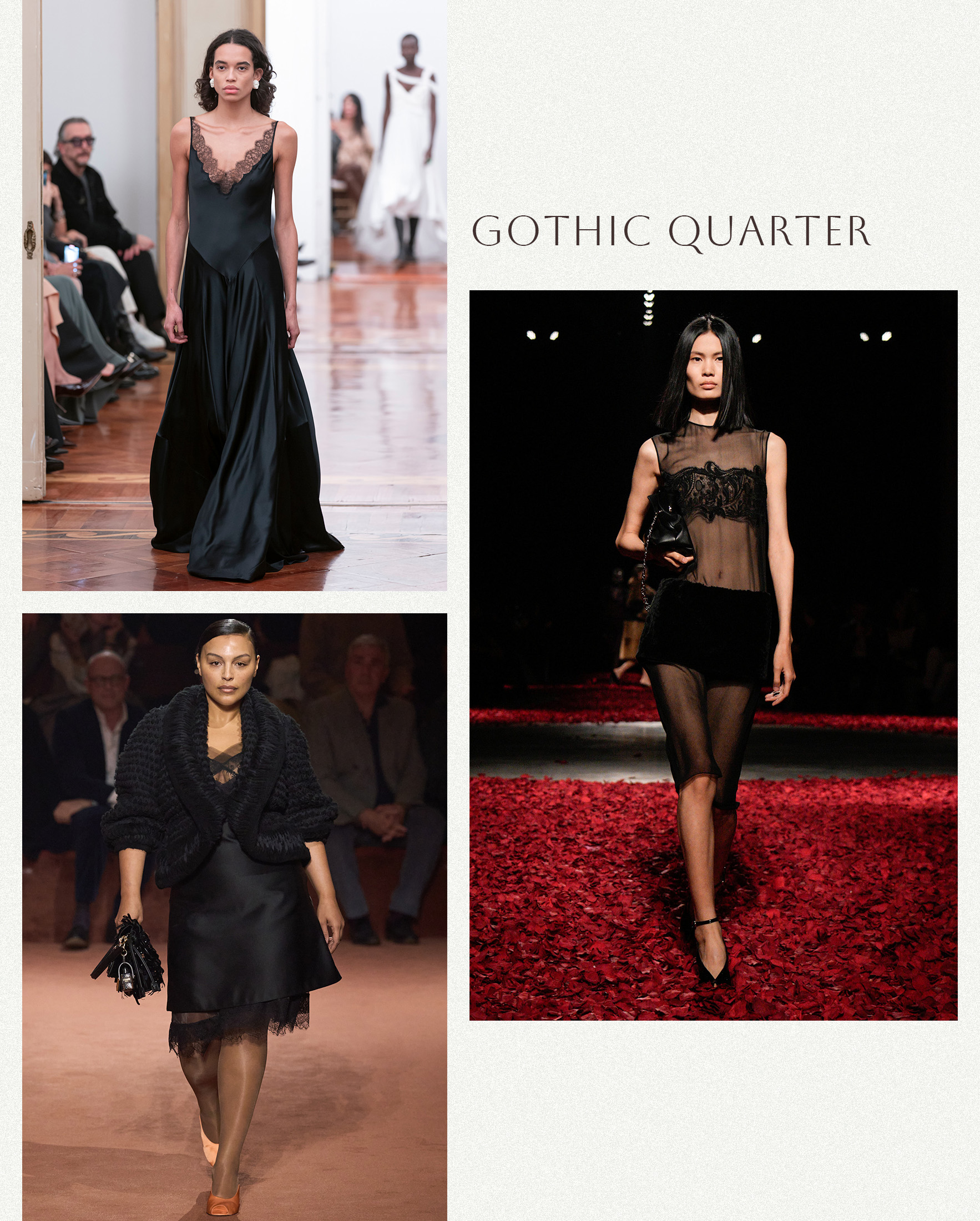 a collage of runway images highlighting the biggest dress trends for fall 2025