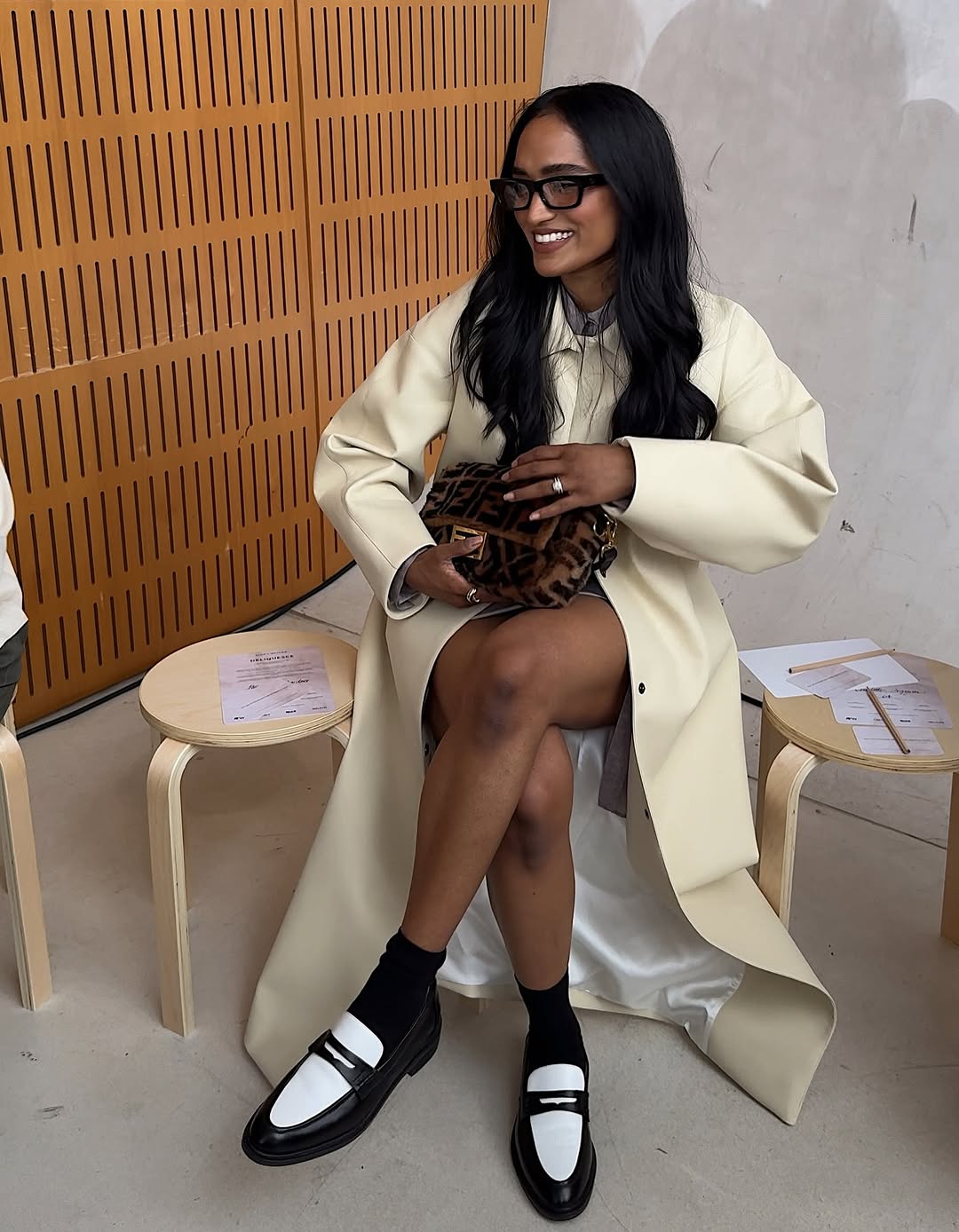 woman wearing fall loafer outfit idea 2025