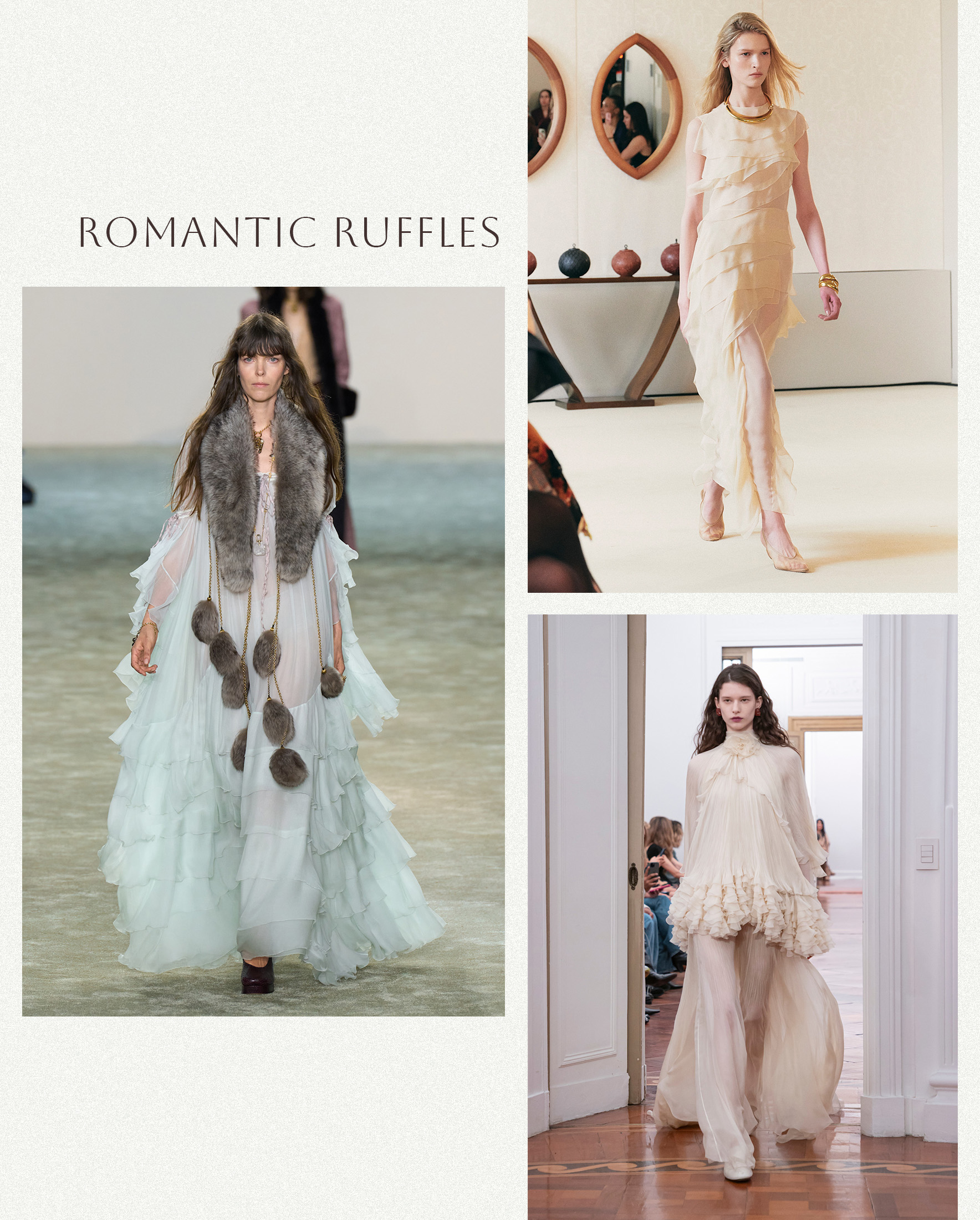 a collage of runway images highlighting the biggest dress trends for fall 2025