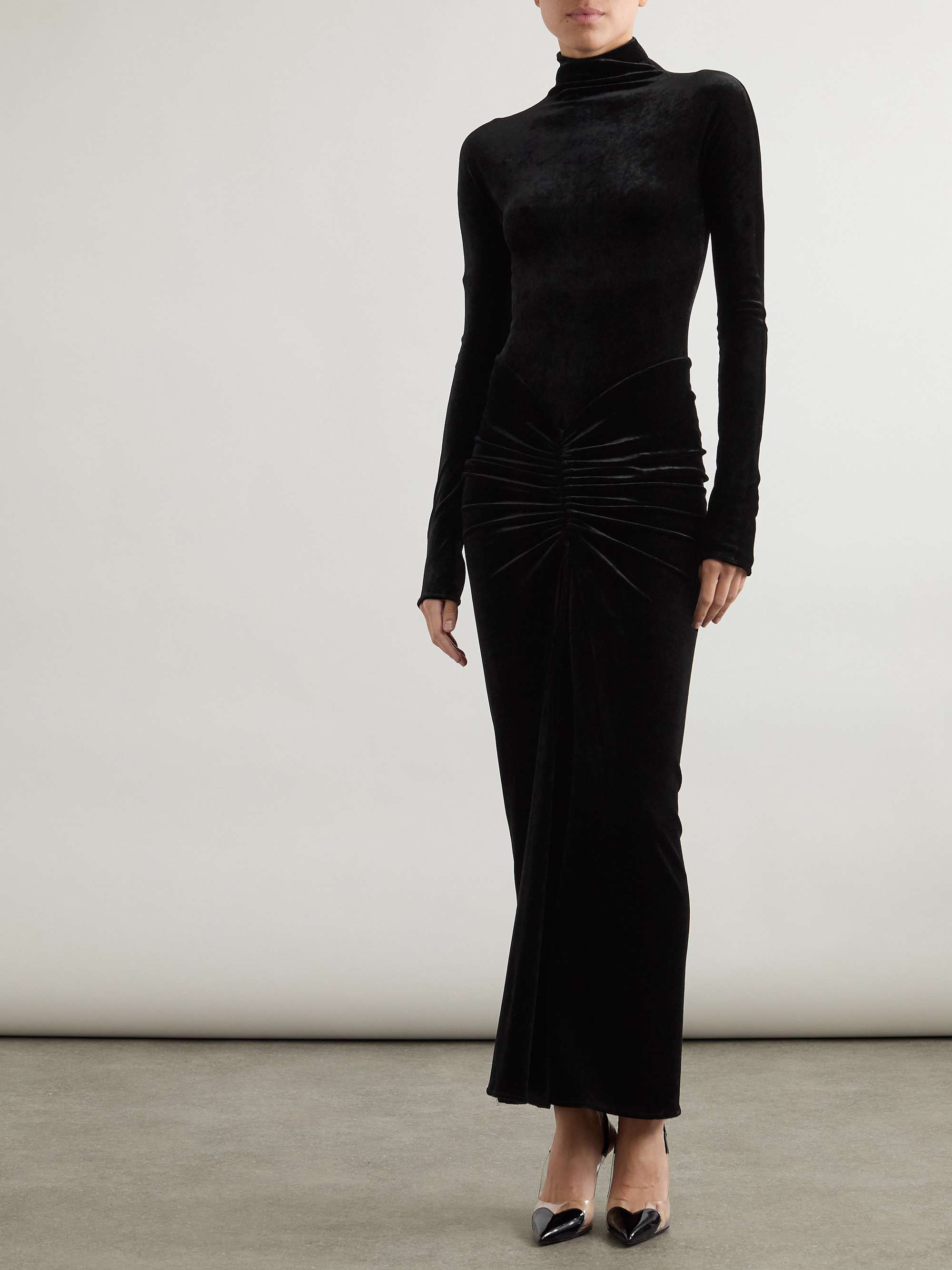 Ruched Crushed-Velvet Turtleneck Midi Dress