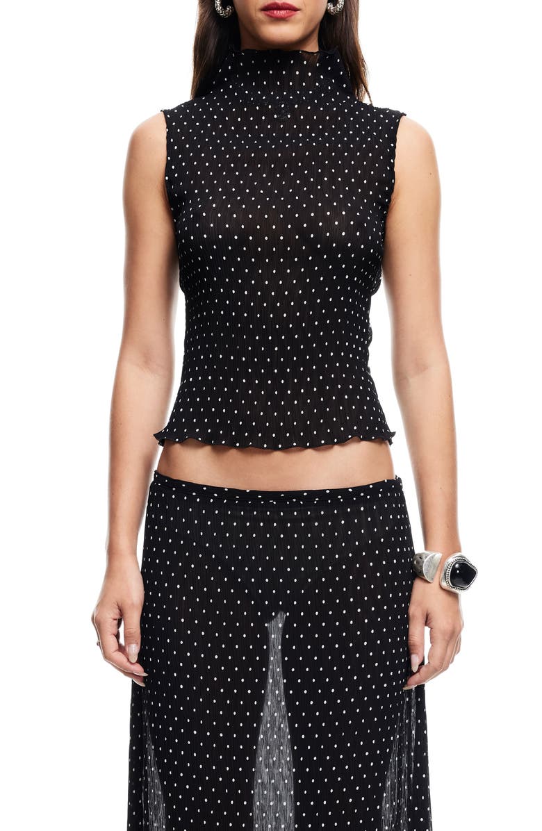 Ford Dot Print Funnel Neck Plissé Top