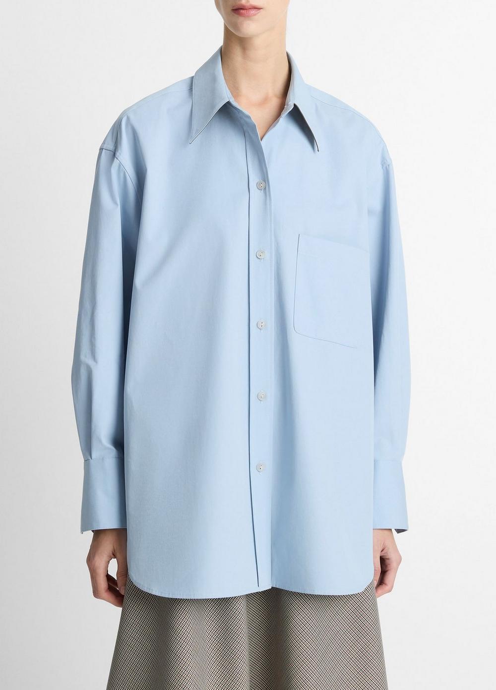 Faux-Leather-Trim Italian Cotton Oversized Button-Front Shirt