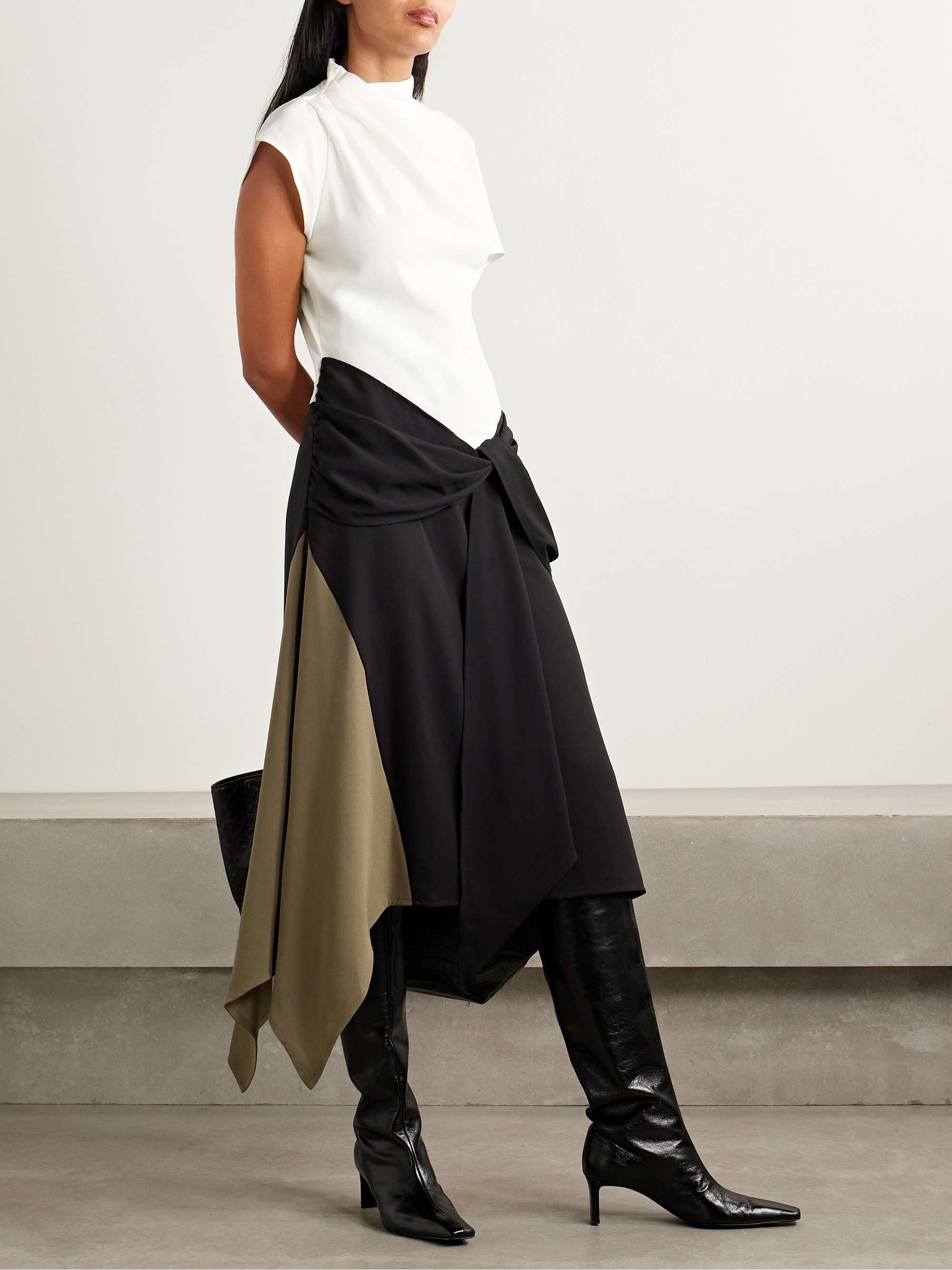 Davina Asymmetric Paneled Color-Block Draped Crepe Dress