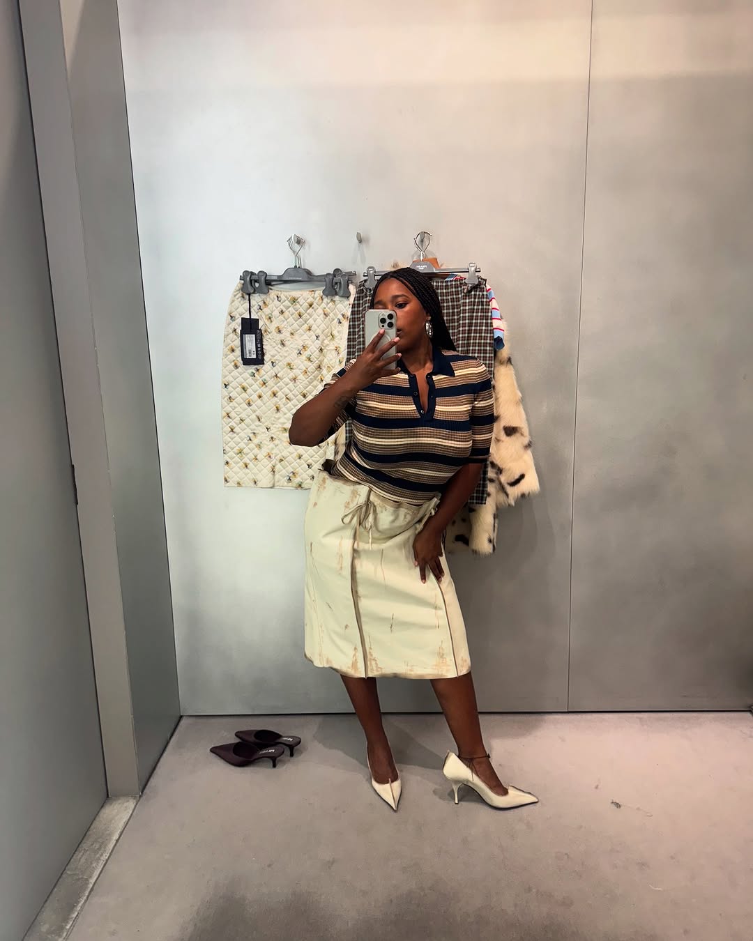 woman wearing striped polo top outfit