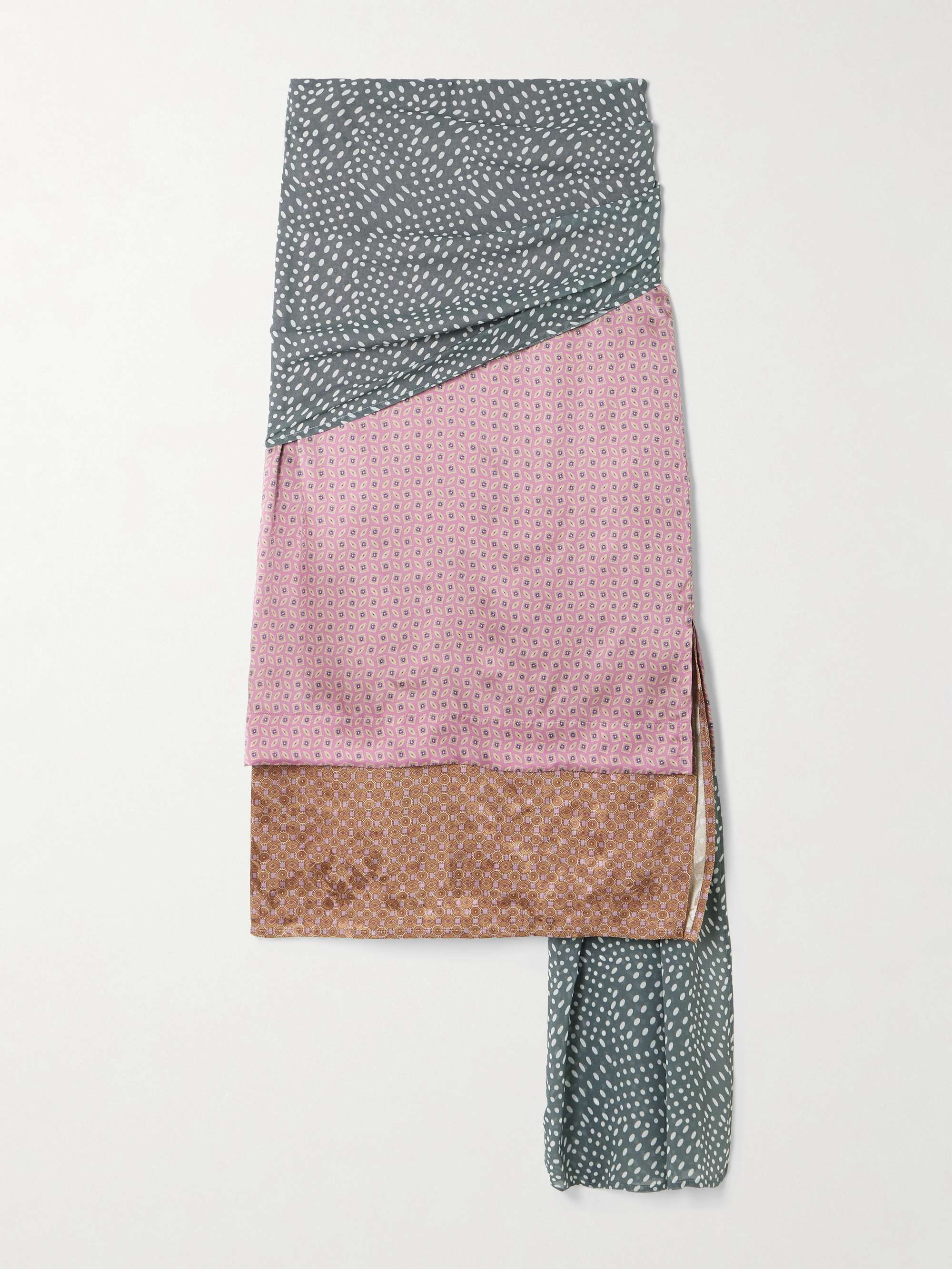 Gathered Draped Layered Printed Satin Midi Skirt