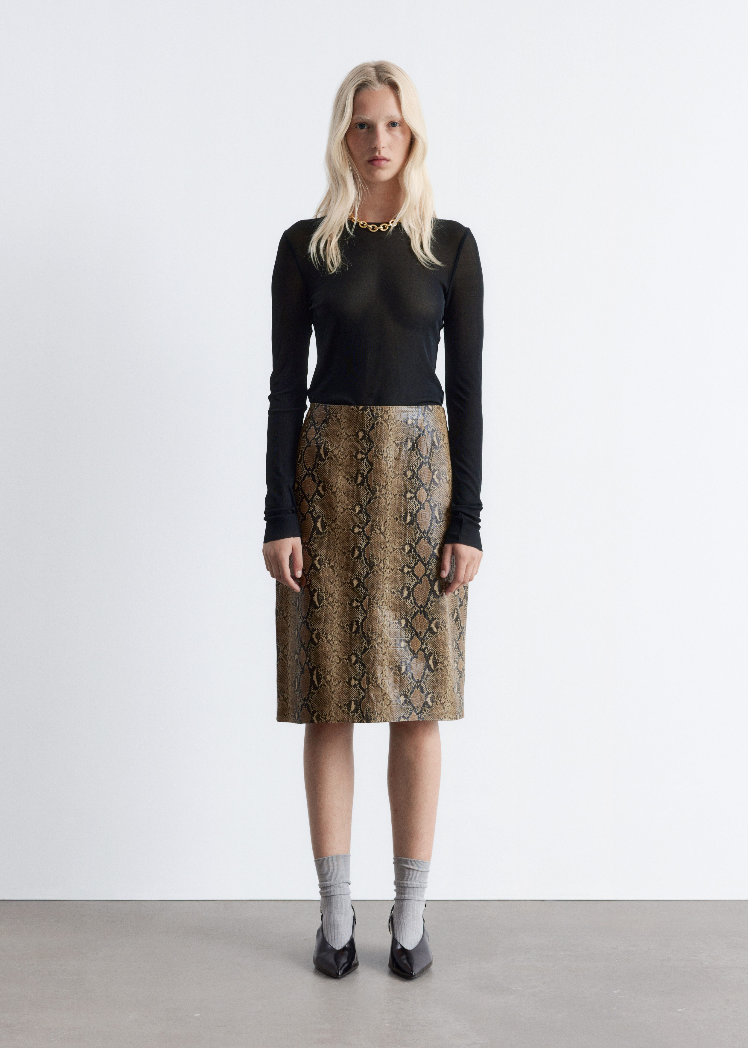 Snake Pattern Leather Midi Skirt
