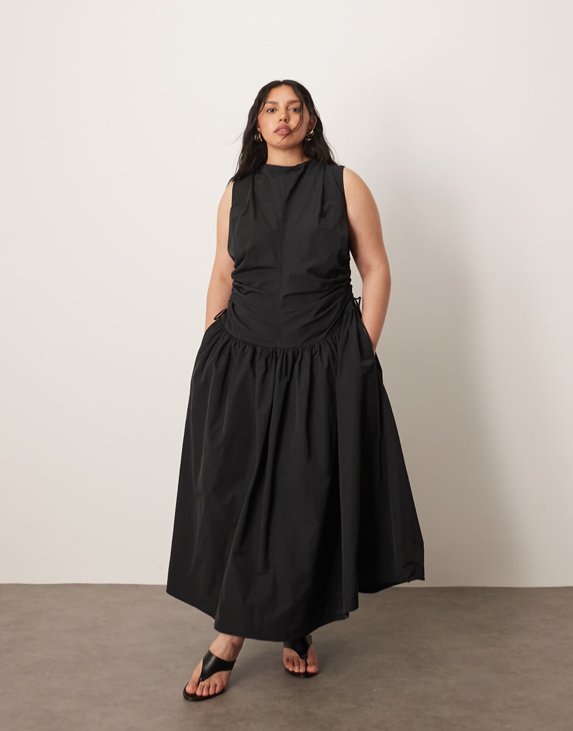 Arrange Curve Drop Waist Ruched Detail Funnel Neck Midaxi Dress in Black