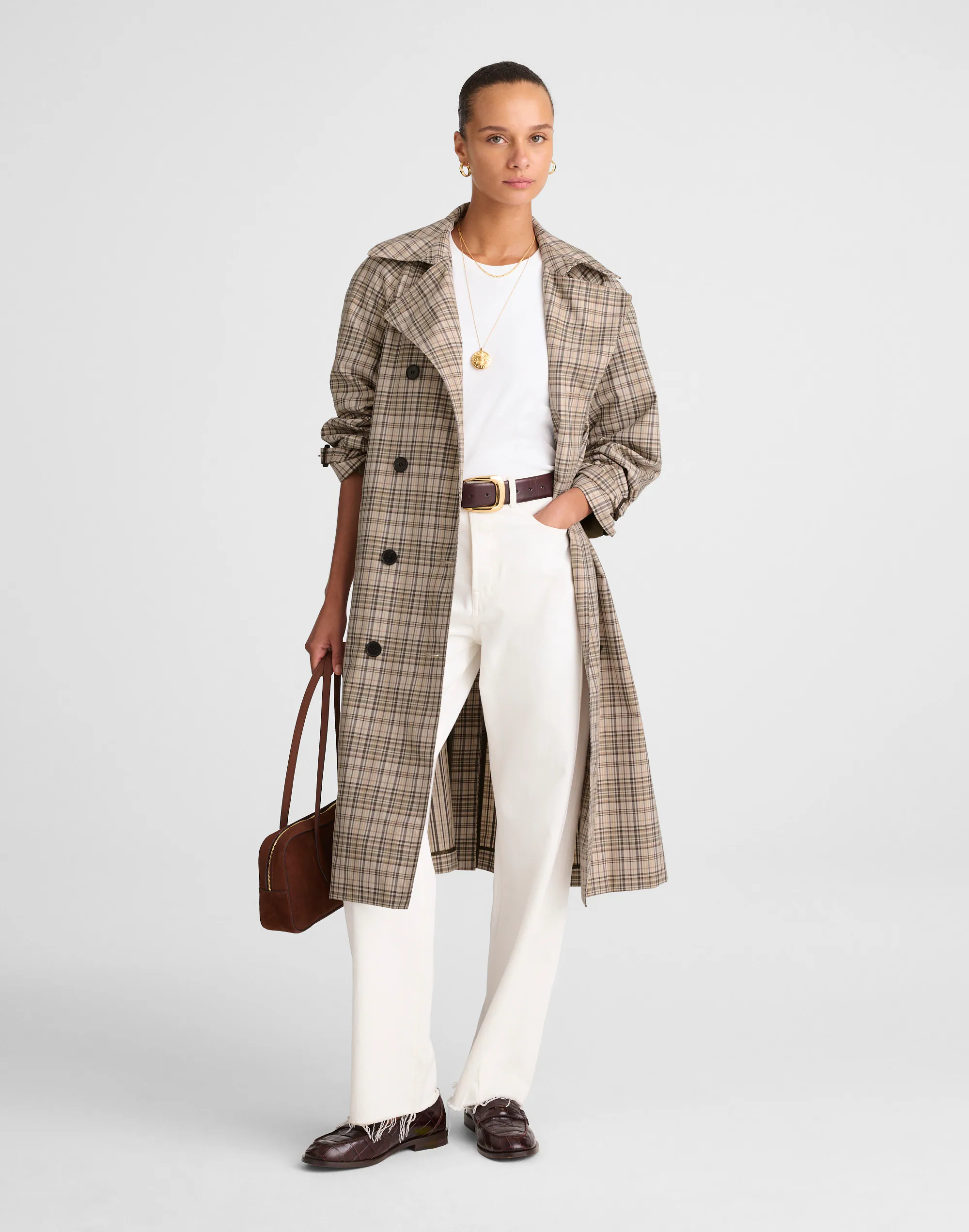 Double-Breasted Trench Coat in Plaid