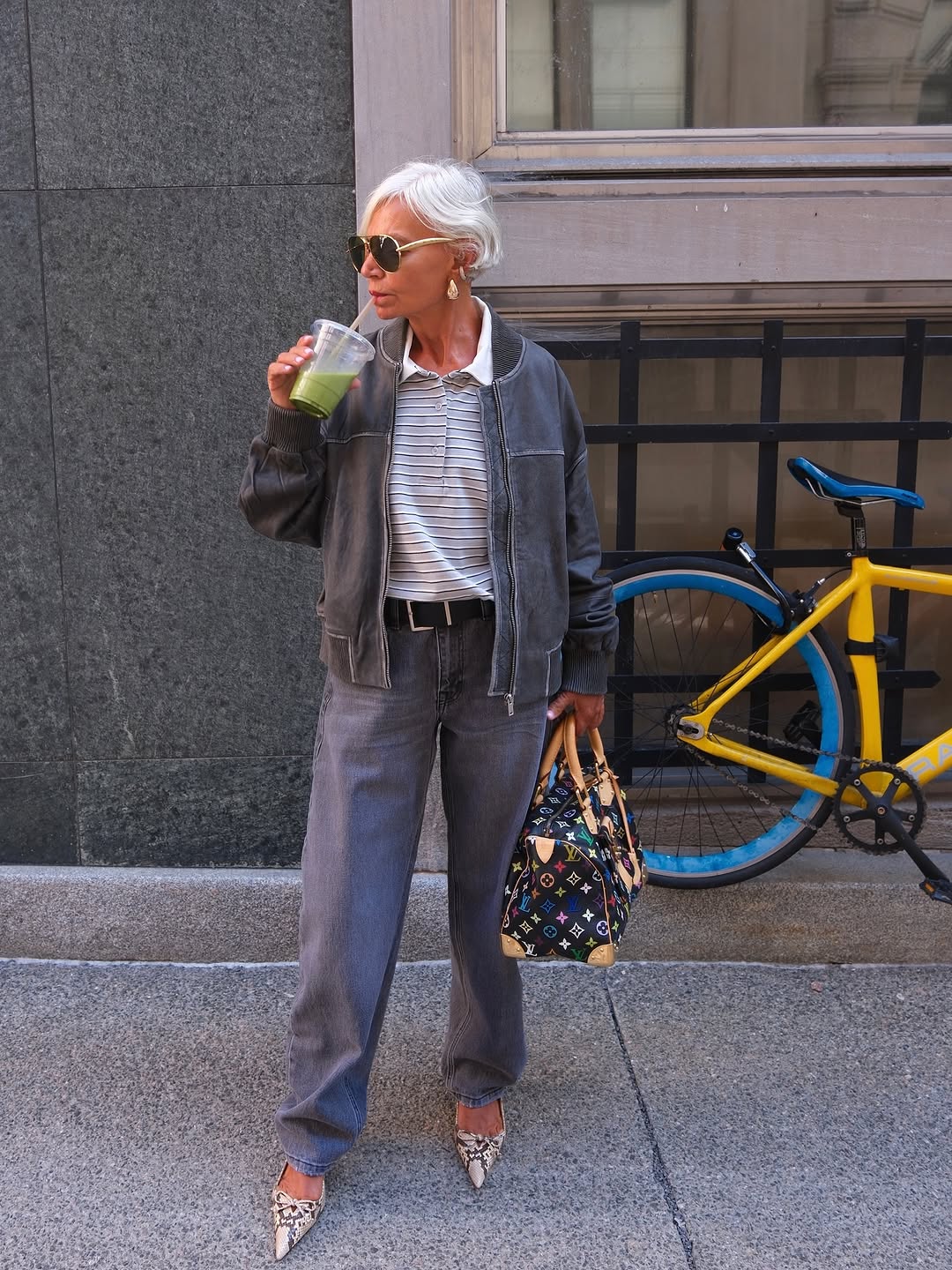 woman wearing striped polo top outfit
