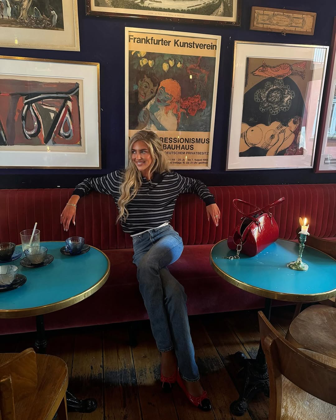 woman wearing striped polo top outfit