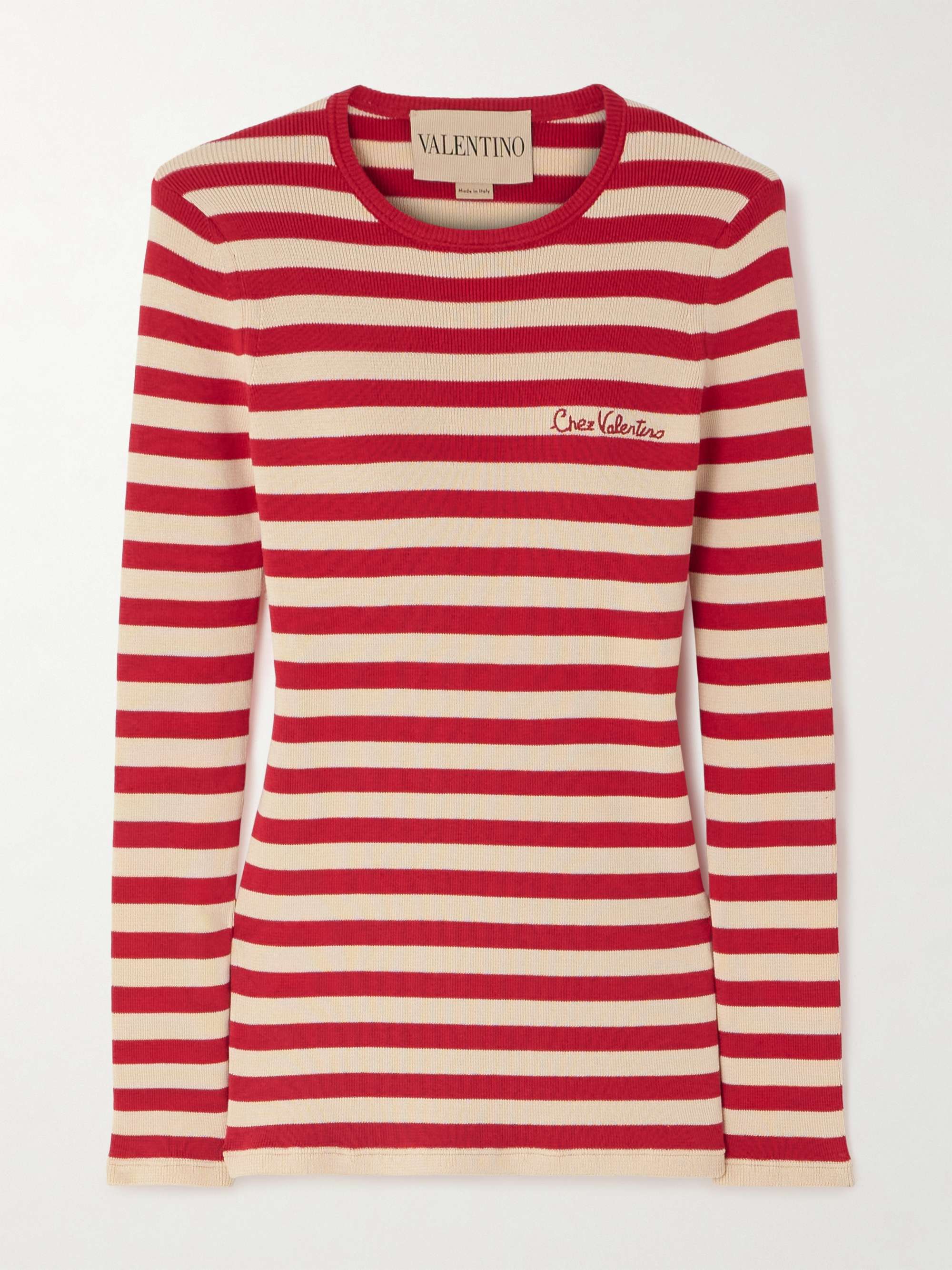 Embroidered Striped Ribbed-Knit Cotton Sweater