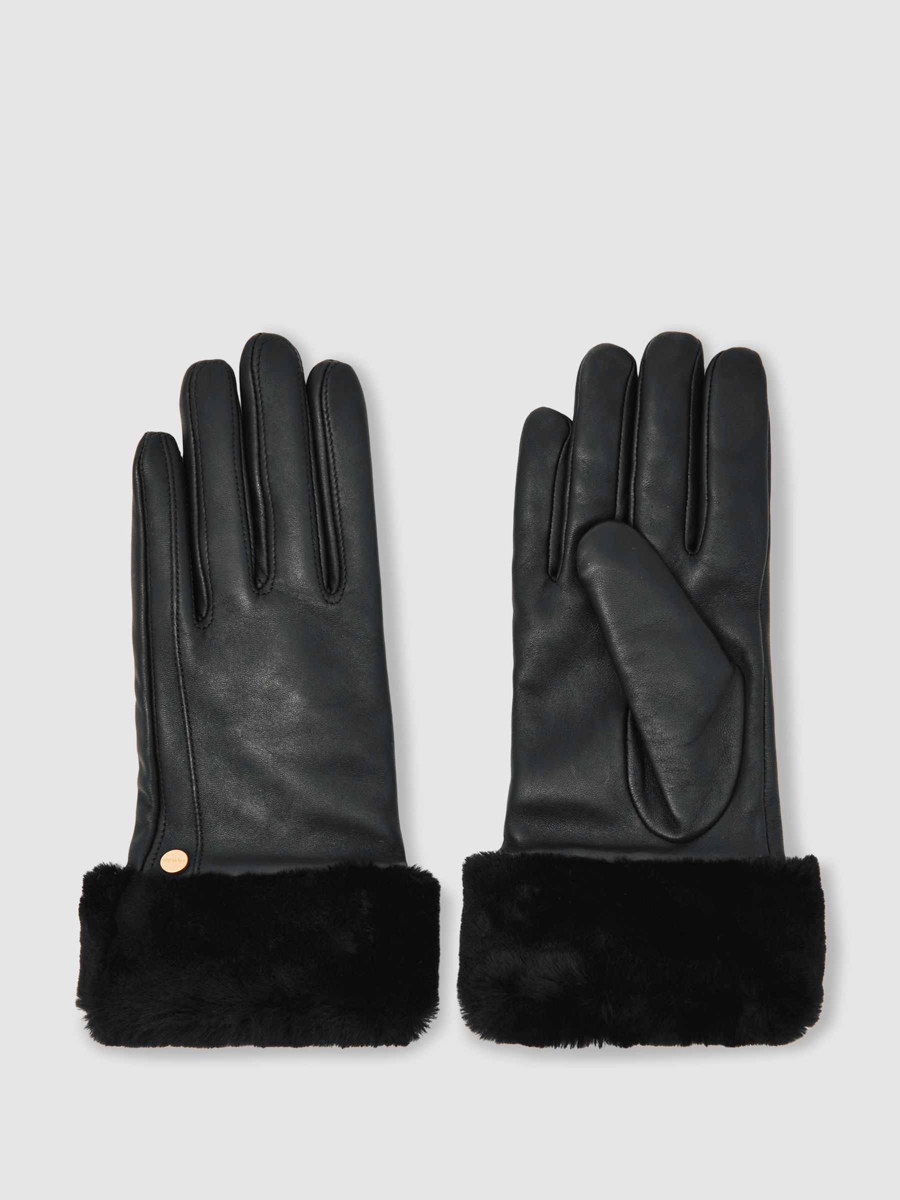 Faux-Fur Cuff Leather Gloves in Black