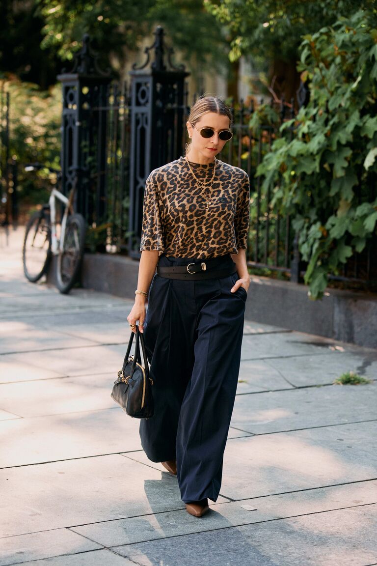 Woman wearing animal print clothing during NYFW S/S 26.