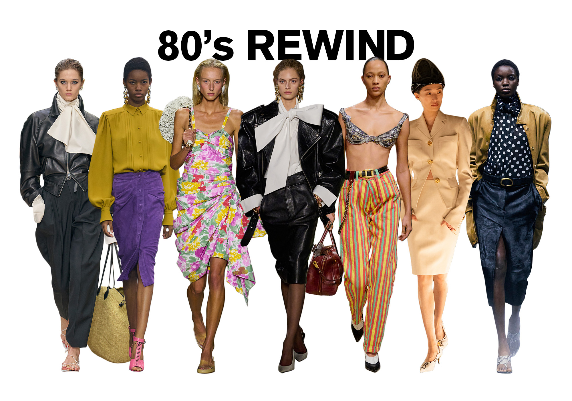 A photo of 7 models from the S/S 26 runway shows wearing '80s-inspired fashion against a white background. On top, the title is, &amp;quot;'80S REWIND&amp;quot; in black capital letters.