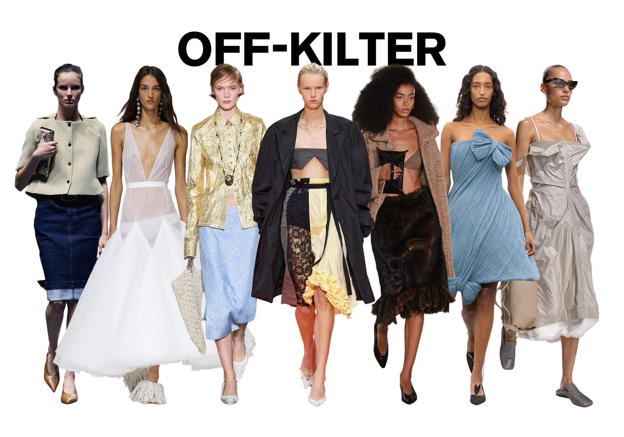A photo of 7 models from the S/S 26 runway shows wearing imperfect against a white background. On top, the title is, &quot;OFF-KILTER&quot; in black capital letters.
