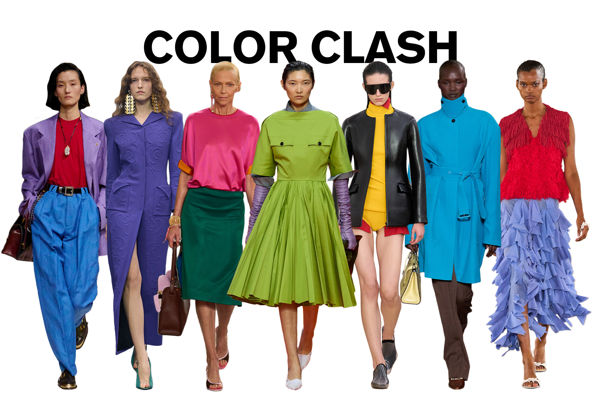 A photo of 7 models from the S/S 26 runway shows wearing clashing colors against a white background. On top, the title is, &quot;COLOR CLASH&quot; in black capital letters.