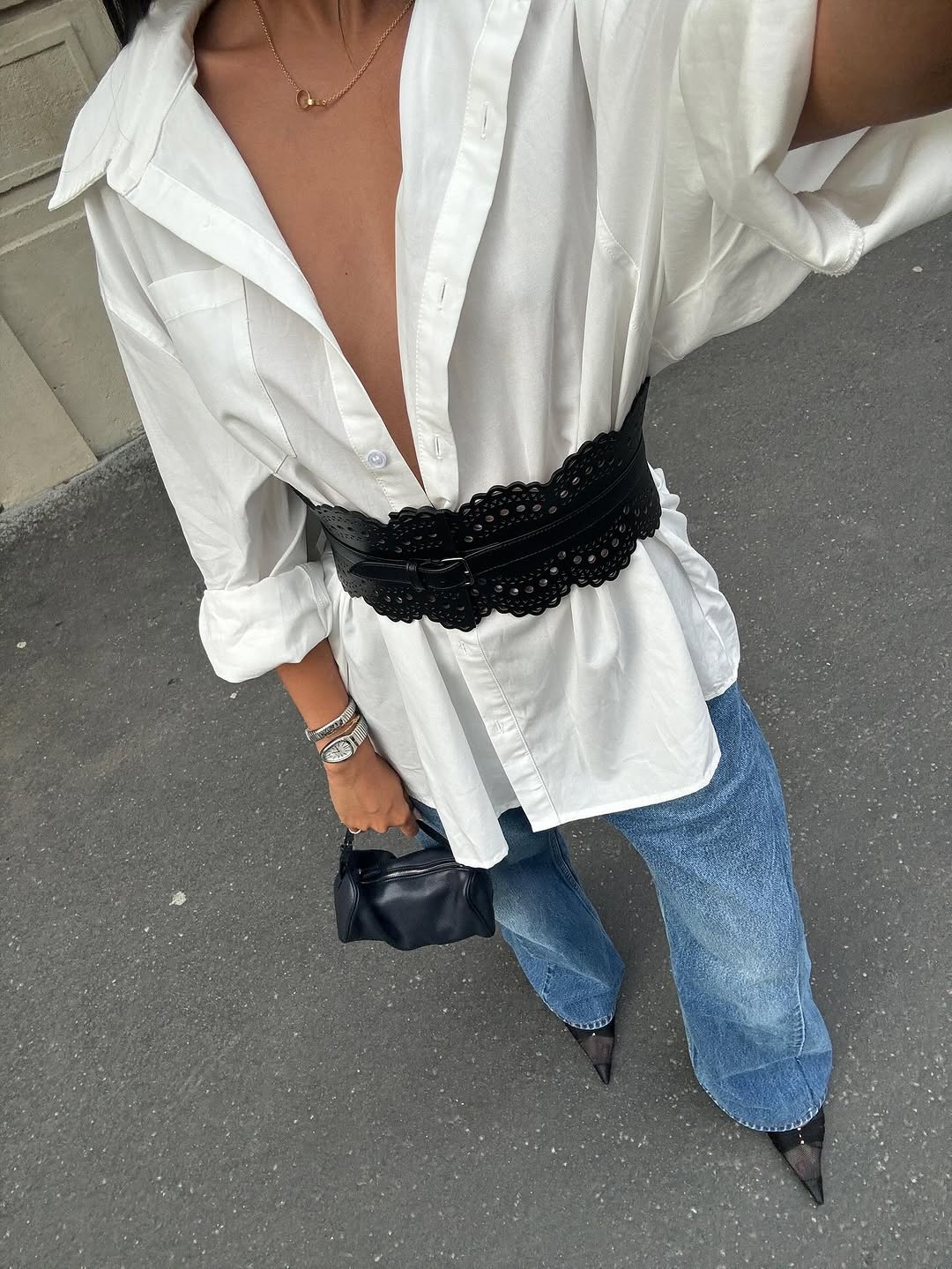 woman wearing fall denim trend 2025