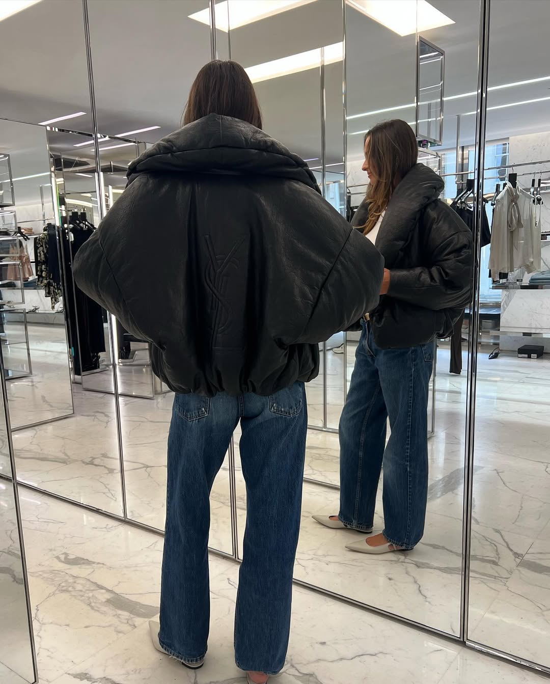 woman wearing fall denim trend 2025