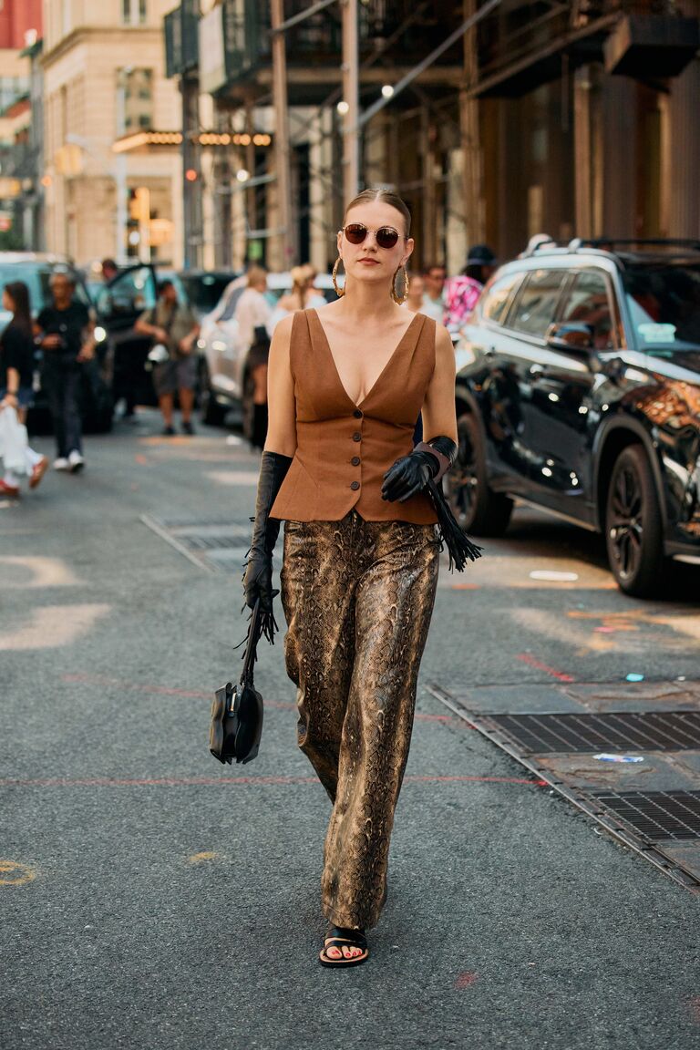Woman wearing animal print clothing during NYFW S/S 26.