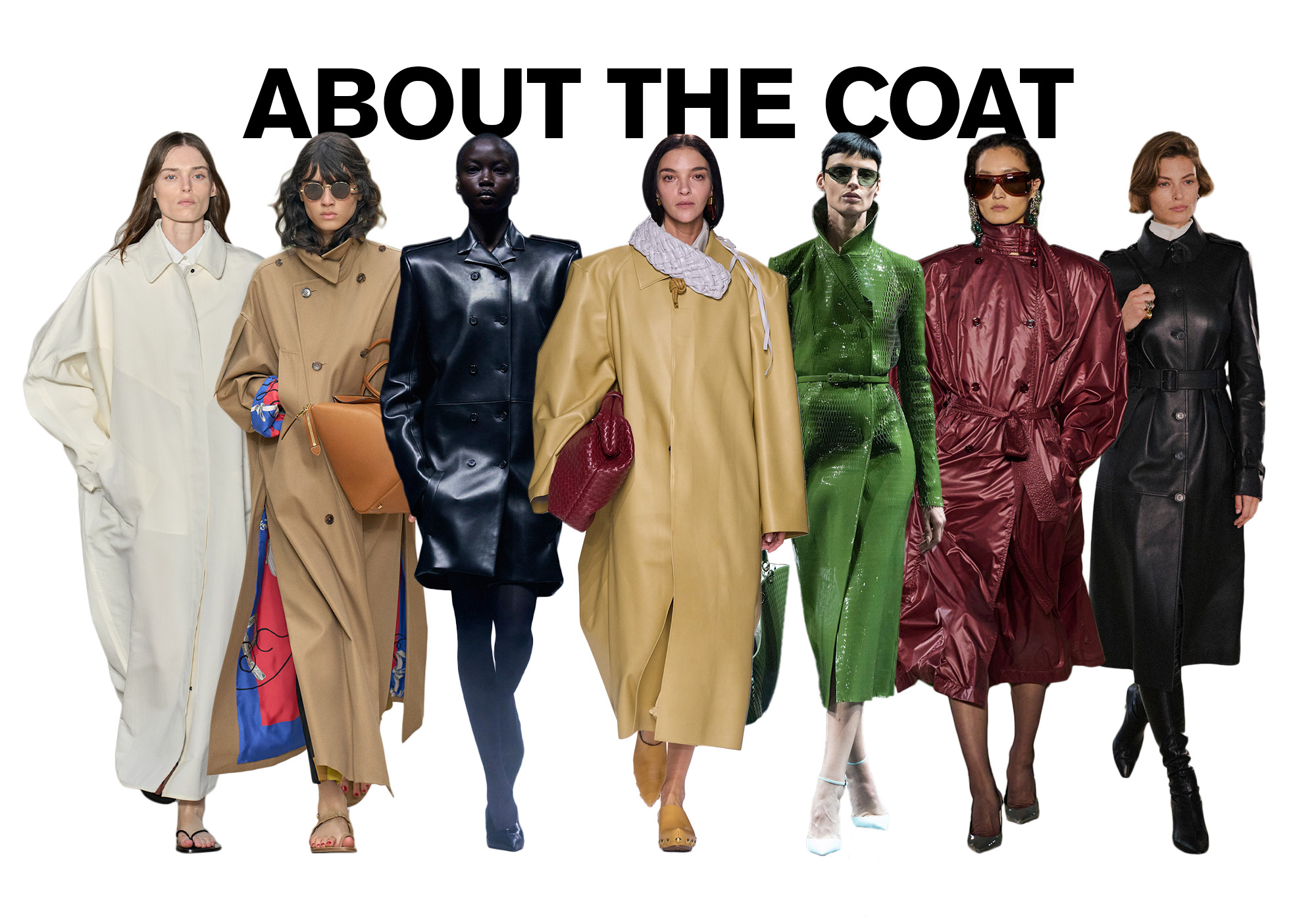 A photo of 7 models from the S/S 26 runway shows wearing standout coats against a white background. On top, the title is, &quot;ABOUT THE COAT&quot; in black capital letters.