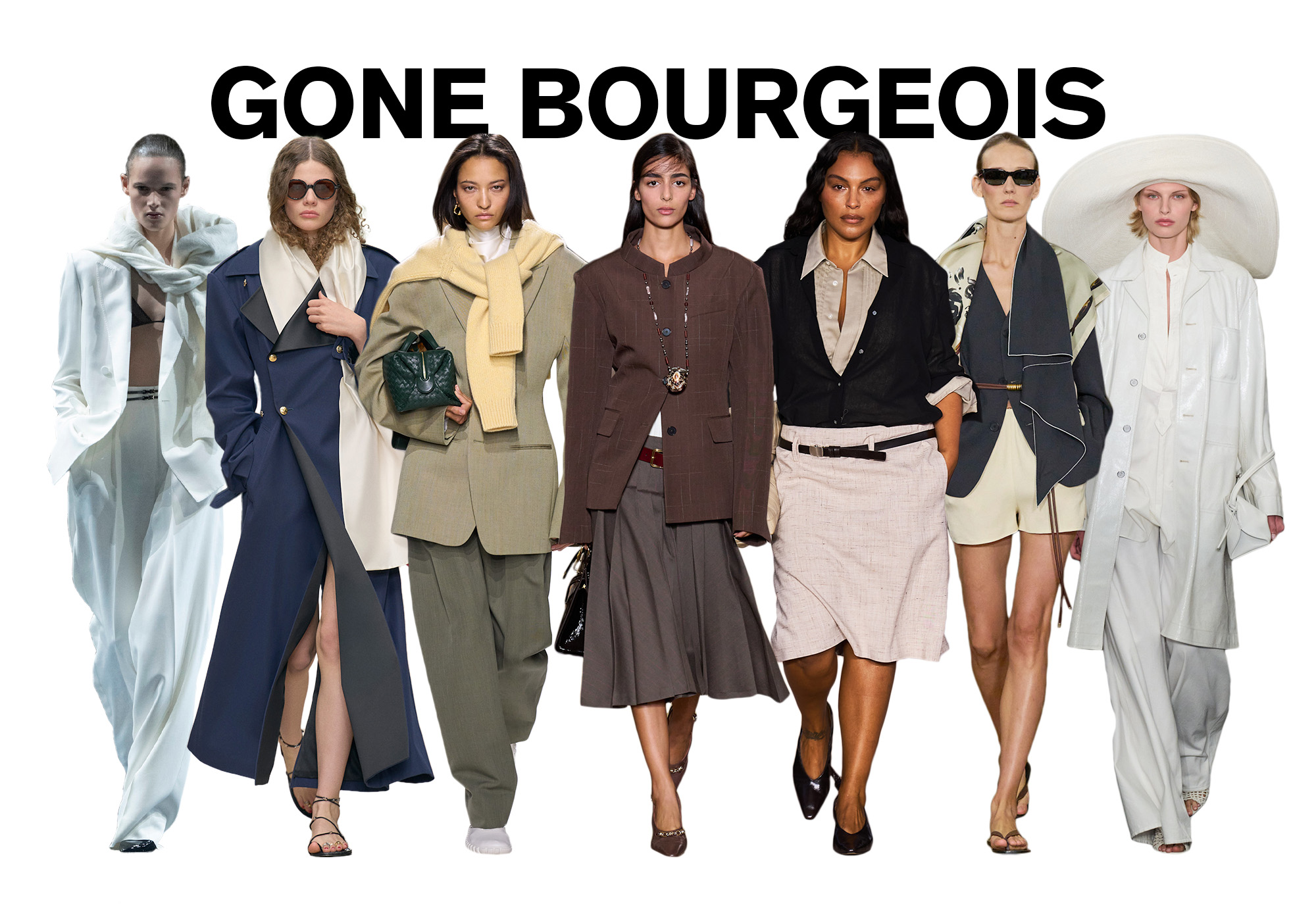 A photo of 7 models from the S/S 26 runway shows wearing bourgeois looks against a white background. On top, the title is, &quot;GONE BOURGEOIS&quot; in black capital letters.
