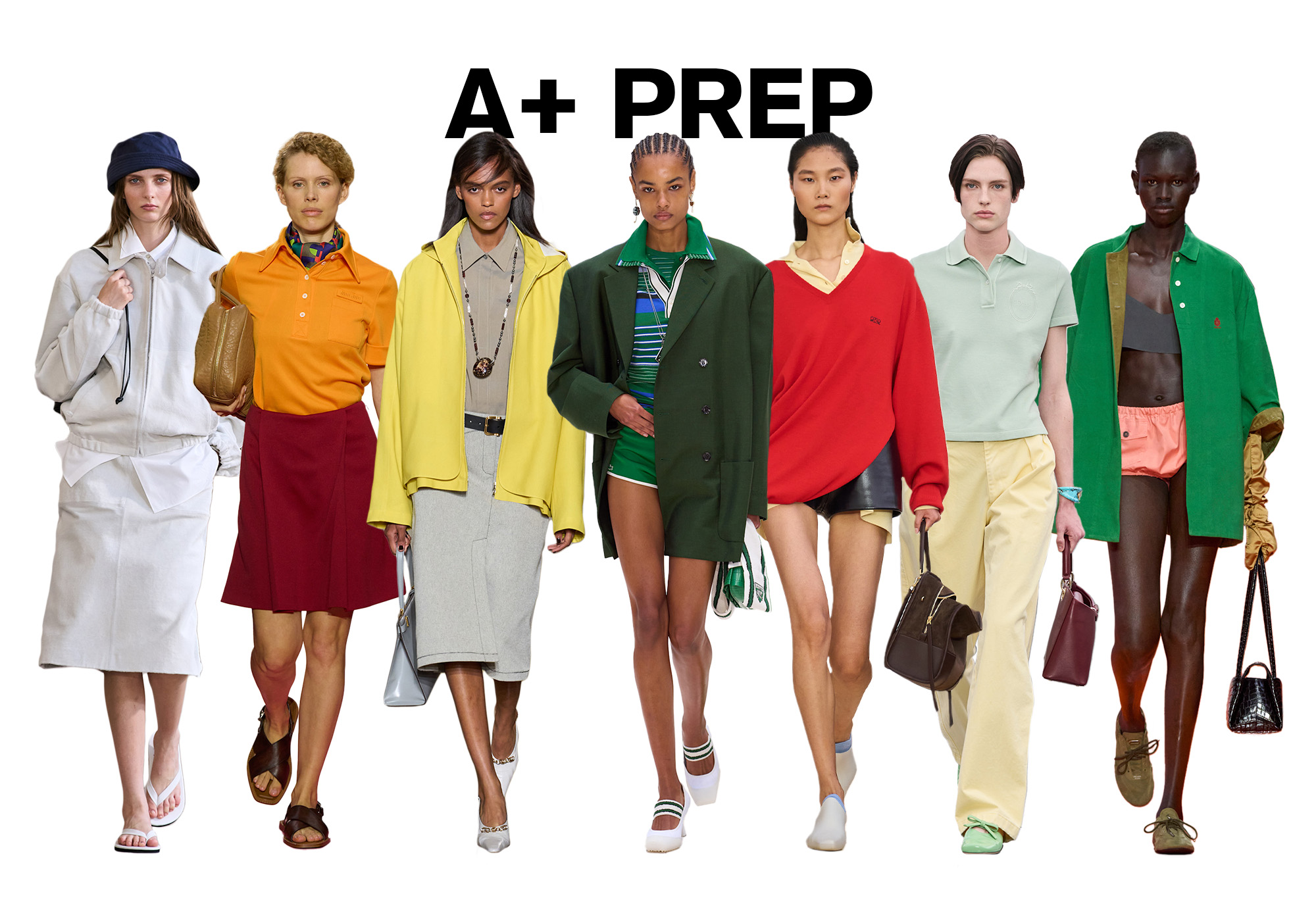 A photo of 7 models from the S/S 26 runway shows wearing preppy fashion against a white background. On top, the title is, &quot;A+ PREP&quot; in black capital letters.
