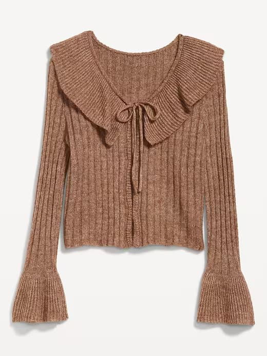 Wool-Blend Ruffle Tie-Front Cropped Cardigan