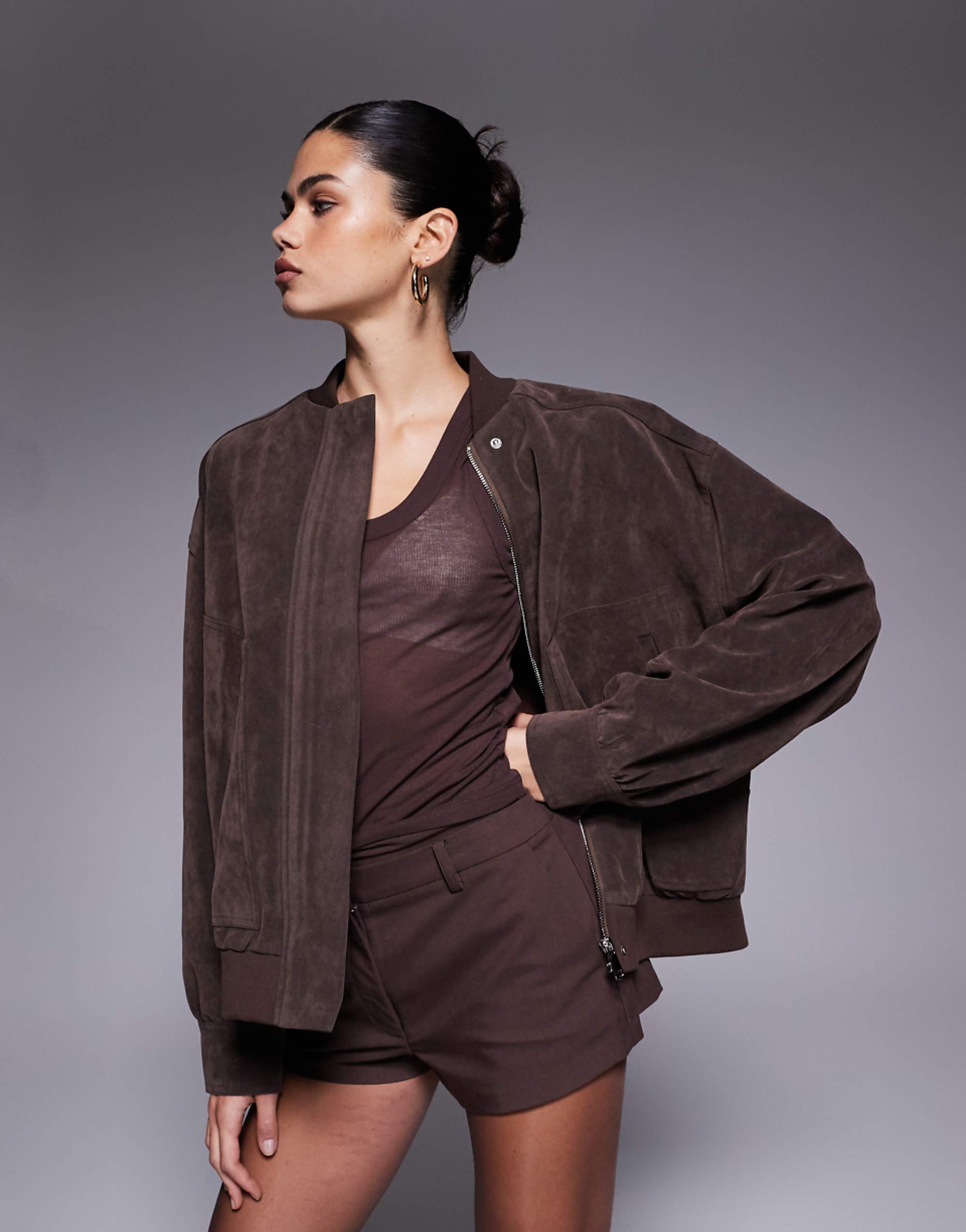 Kaiia Exclusive Faux Suede Bomber Jacket in Chocolate Brown