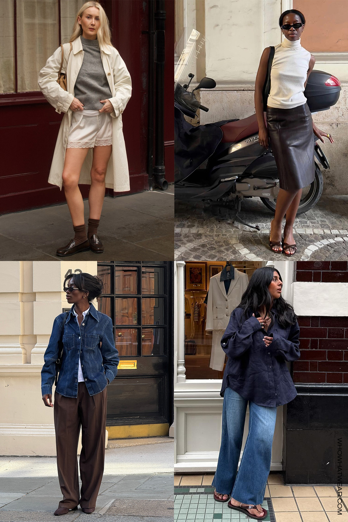 shoe color trends for fall 2025, specifically chocolate brown, in a collage of women's outfits. On the top left, a woman wears a white trench coat, gray turtleneck, silk shorts, and chocolate brown loafers; on the top right, a woman wears a white turtleneck, brown leather skirt, and brown heeled mules; on the bottom left a woman wears a blue navy button-down, wide-leg jeans, and brown flip-flops; on the bottom right, a woman is wearing a denim jacket over a white button-down, brown wide-leg pants, and brown suede heels