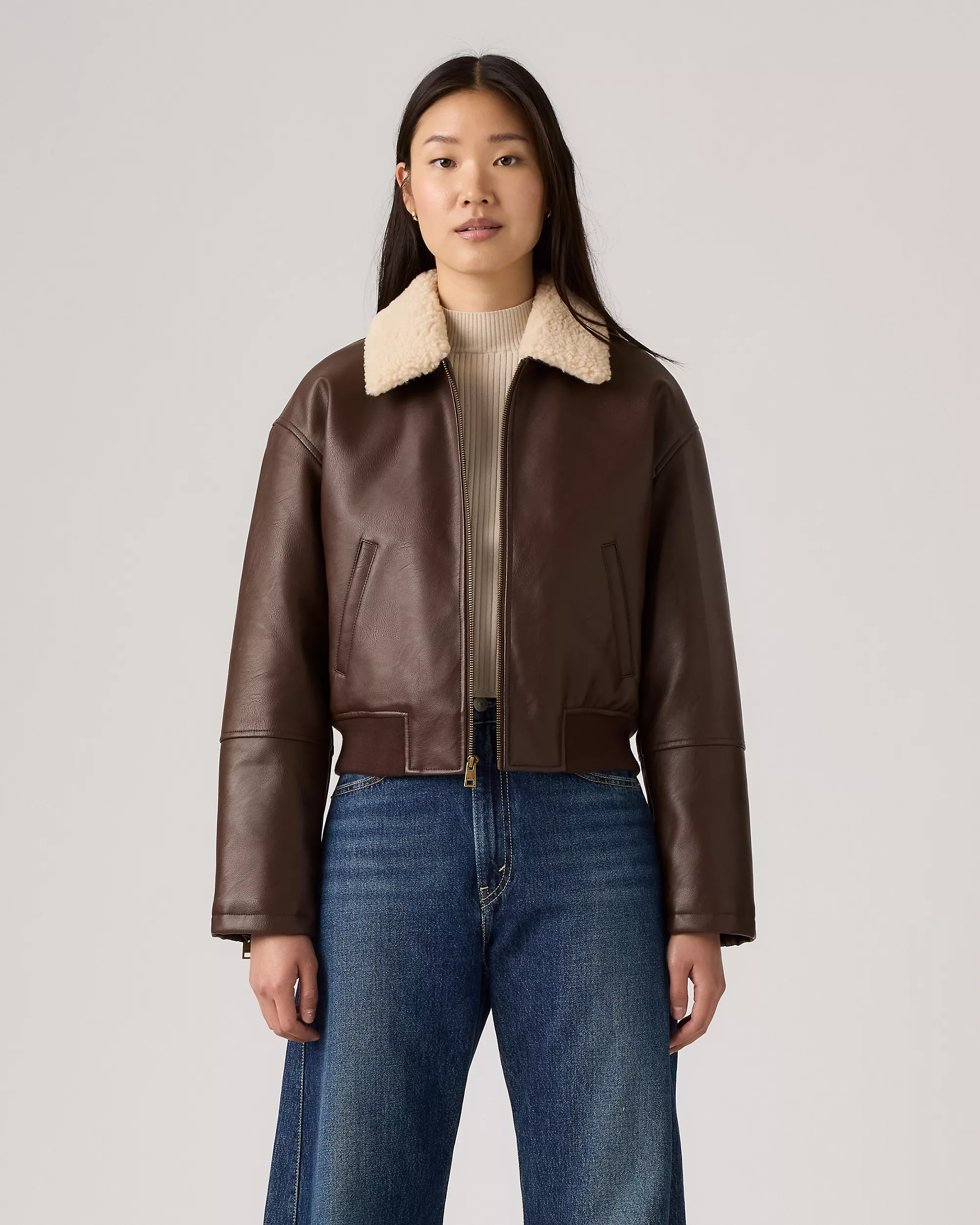 Levi's, Faux Leather Bomber with Sherpa Collar in Brown