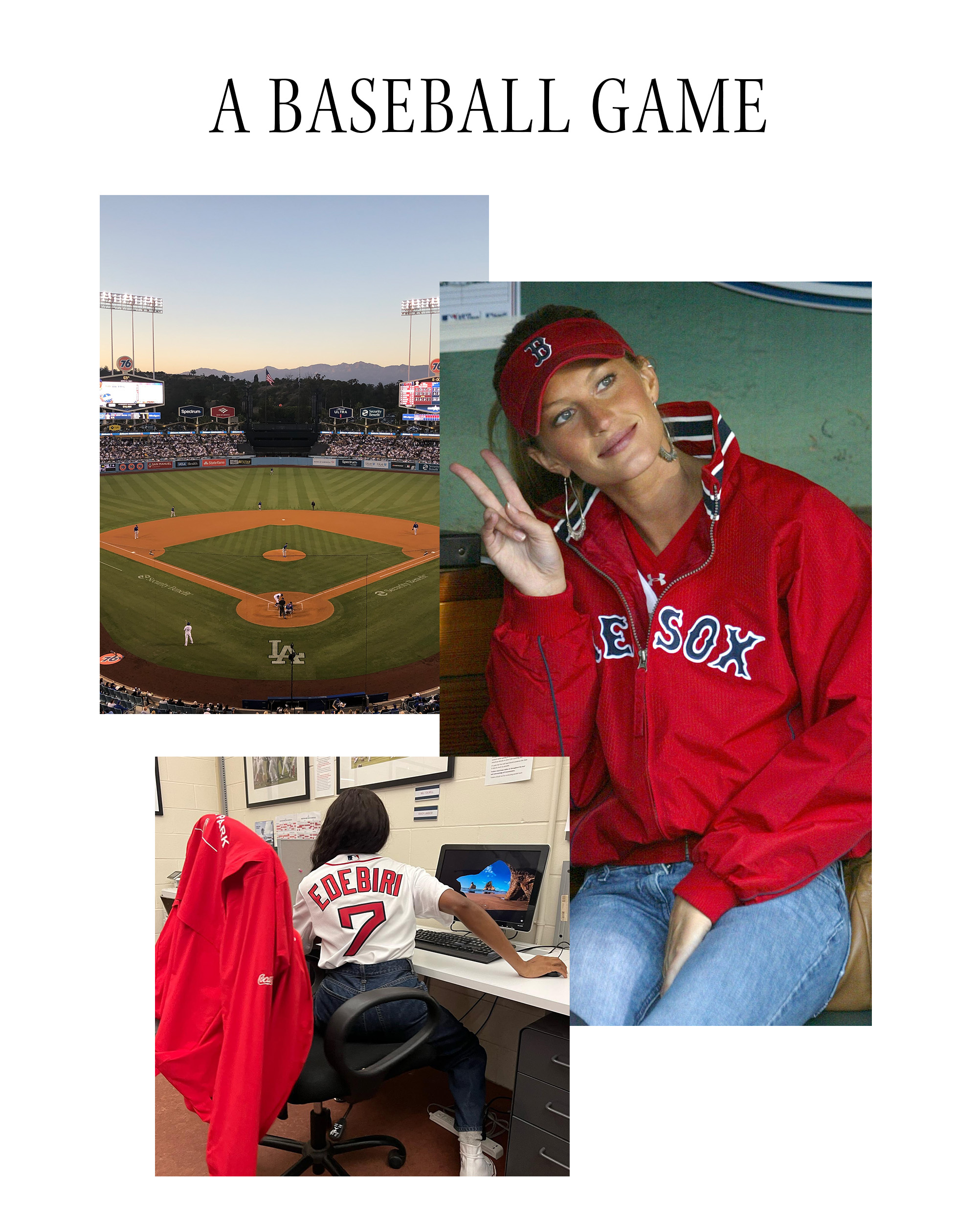 Text: A Baseball Game. Art is a collage of Dodgers Stadium at night, a photo of Ayo Edebiri wearing a baseball jersey, and a photo of Gisele Bundchen at a Red Sox game in 2004.