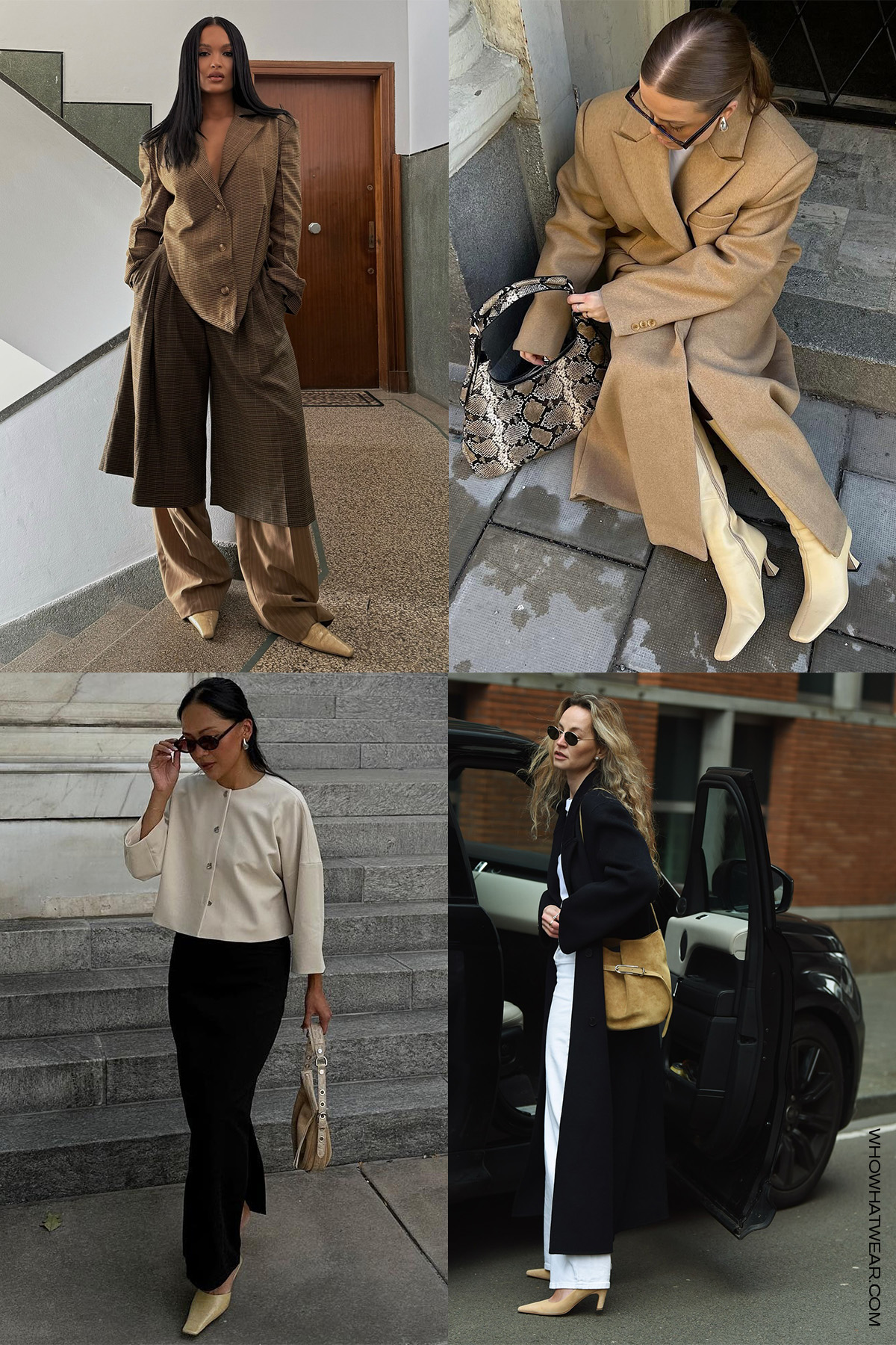 shoe color trends for fall 2025, specifically buttercream, in a collage of women's outfits. On the top right, a woman wearing a tan blazer with brown tailored shorts layered over tan trousers styled with butter-brown pointed heels. On the top right, a woman is wearing a long camel coat with a white t-shirt and skirt, with buttercream knee-high boots. On the bottom left, a woman is wearing a long black coat over a white t-shirt with white jeans and buttercream suede heels. On the bottom left, a woman is wearing a camel coat with black trousers and pointed buttercream heels.