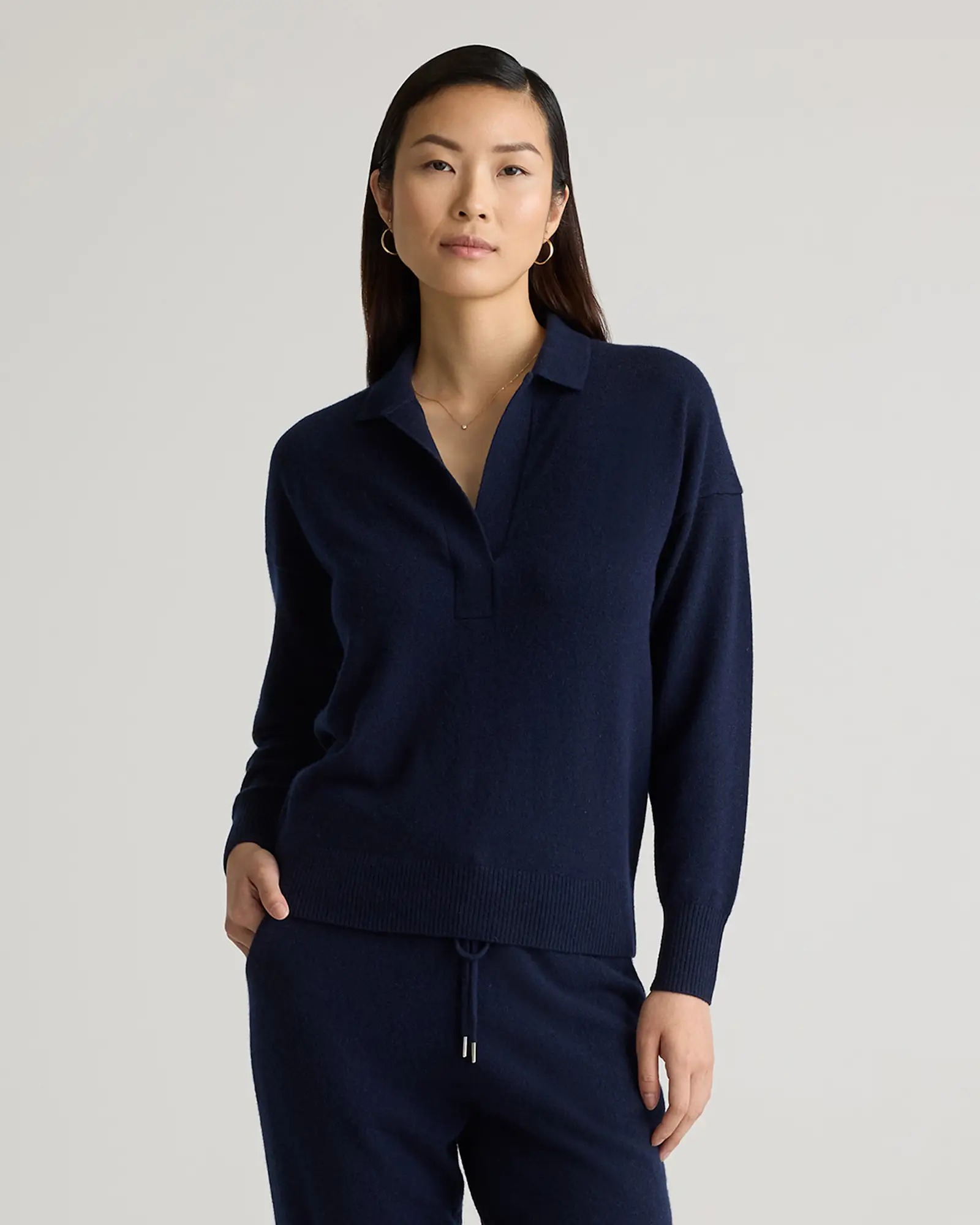 Women's Mongolian Cashmere Polo Sweater in True Navy